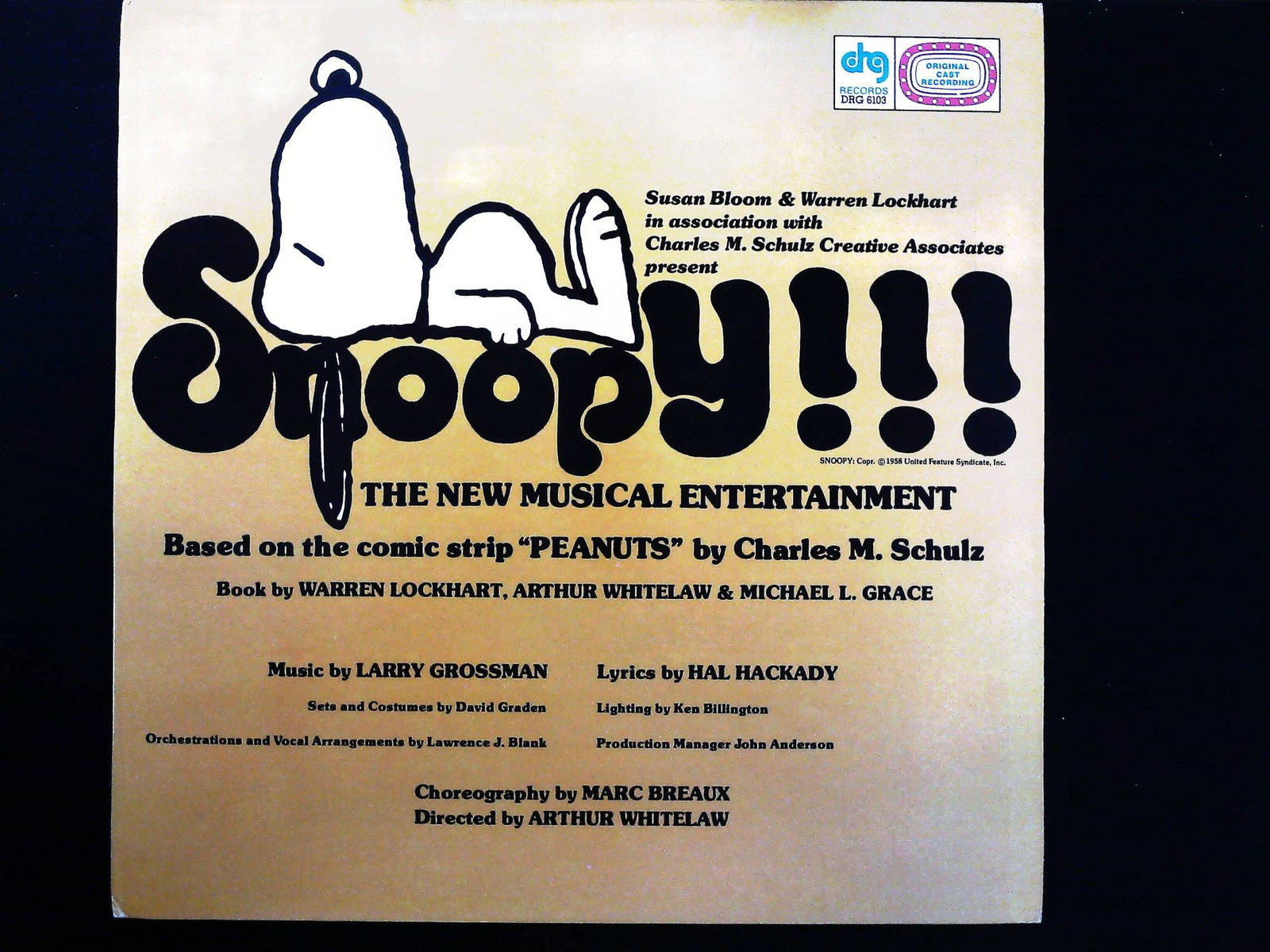 Snoopy!!! Original Cast Recording Vinyl LP Record: This lot consists of the original cast recording of the musical Snoopy!!!, based on the comic strip Peanuts by Charles M. Schulz. The item includes one printed cardboard gatefold sleeve and one black 