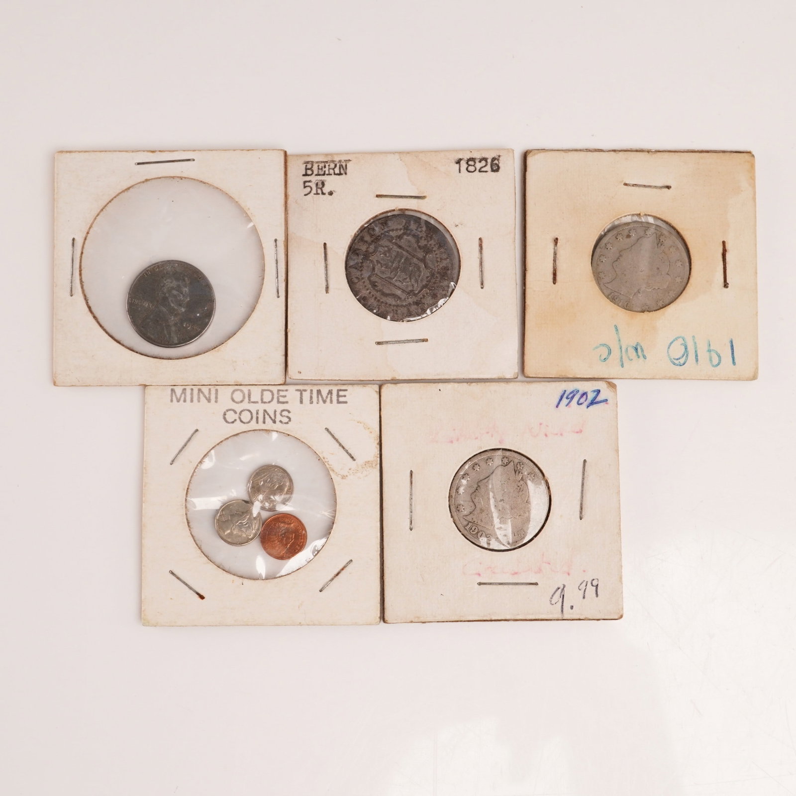 5pc 1826 Bern 5 Rappen, and 1902-1943 U.S. Liberty Nickels, Lincoln Wheat Penny & Mini Olde Time (1 of 5)