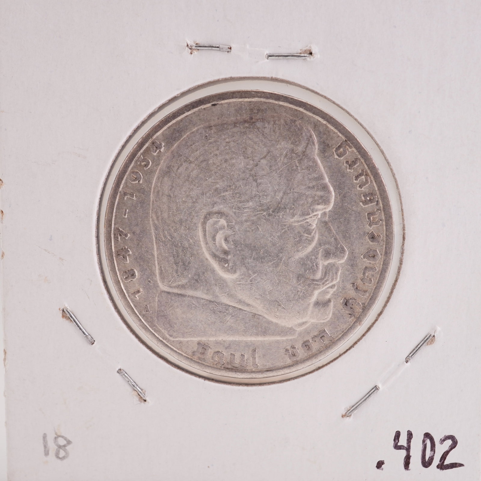 1936 German Third Reich Silver 5 Reichsmark Paul von Hindenburg Coin (1 of 2)