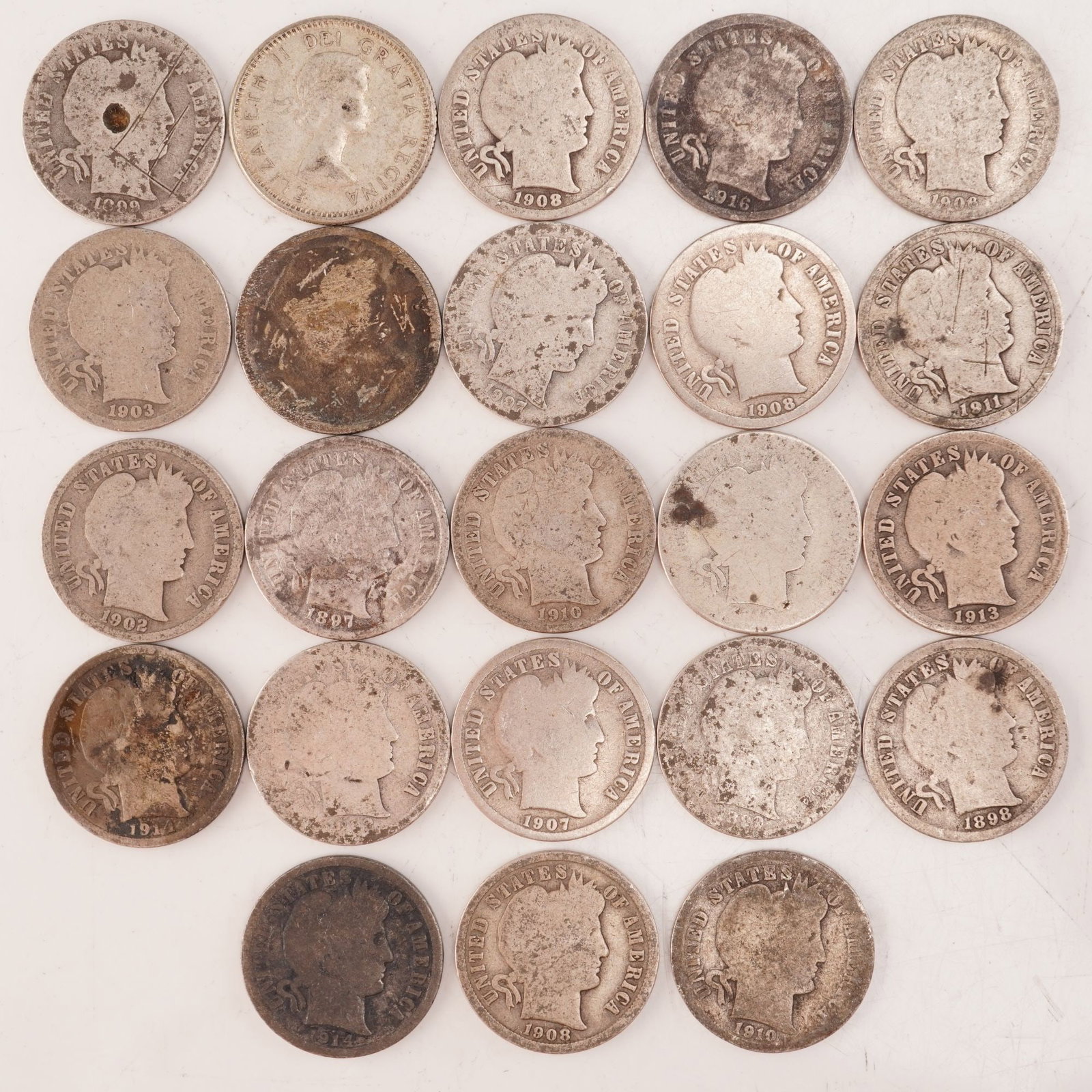 Lot of 23 Loose Barber 90% Silver Dimes, Circulated: Obverse designed with Liberty head facing right, her hair in a Phrygian cap and wearing a laurel wreath, with date below, United States of America circling edge. Reverse displays value within wreath a