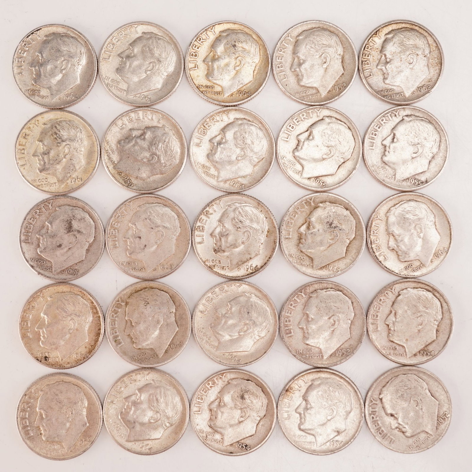 Lot of 25 Loose Roosevelt 90% Silver Dimes, Circulated (1 of 2)