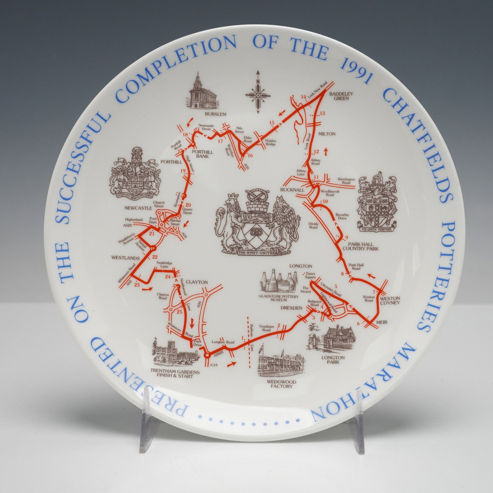 Wedgwood Bone China Commemorative Plate, Chatfields Potteries Marathon: A Wedgwood bone china commemorative plate, produced in England, celebrating the 1991 Chatfields Potteries Marathon. The front features a detailed map of "The Potteries Marathon" route, rendered in red
