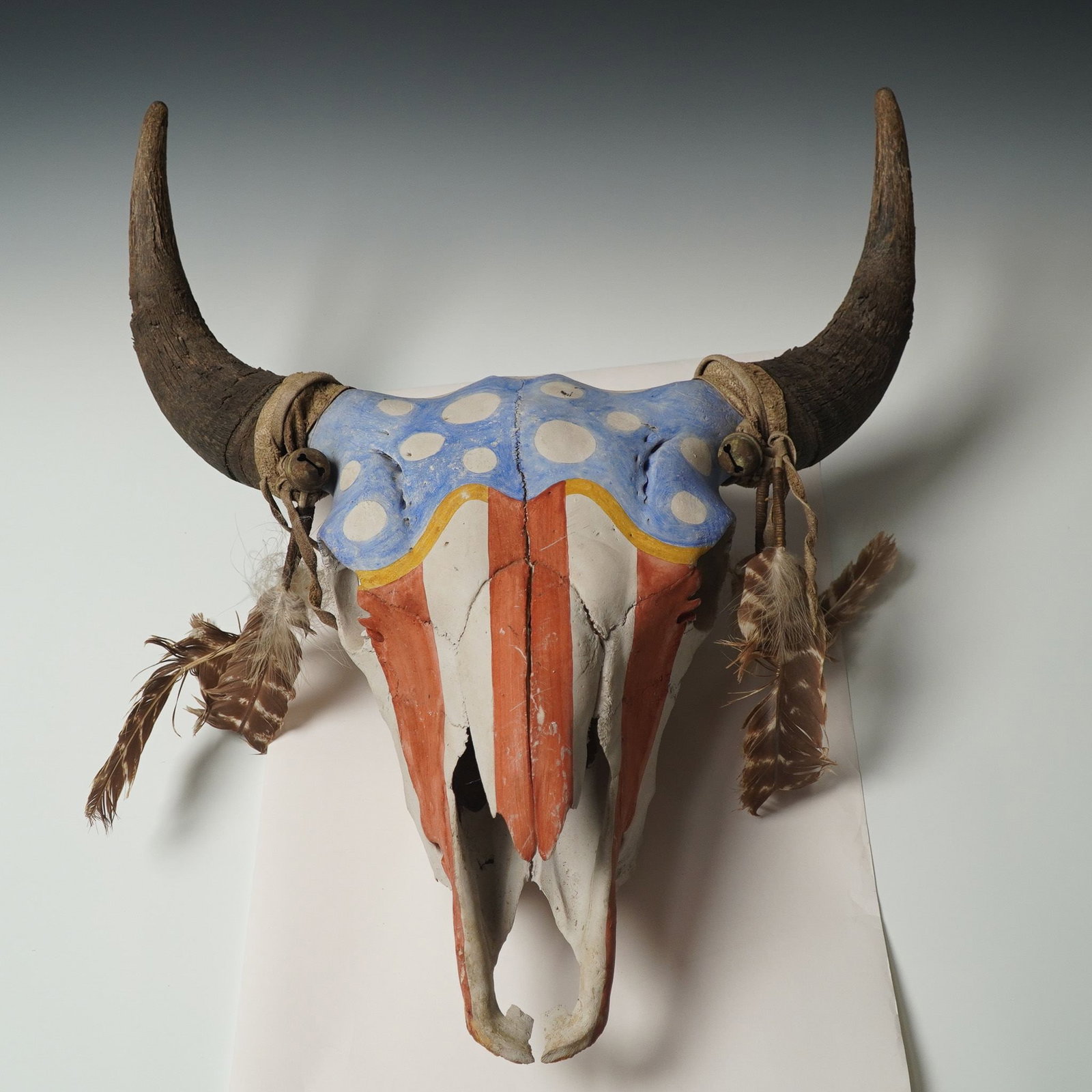 Decorative Painted Buffalo Skull with Feathers and Bells (1 of 6)