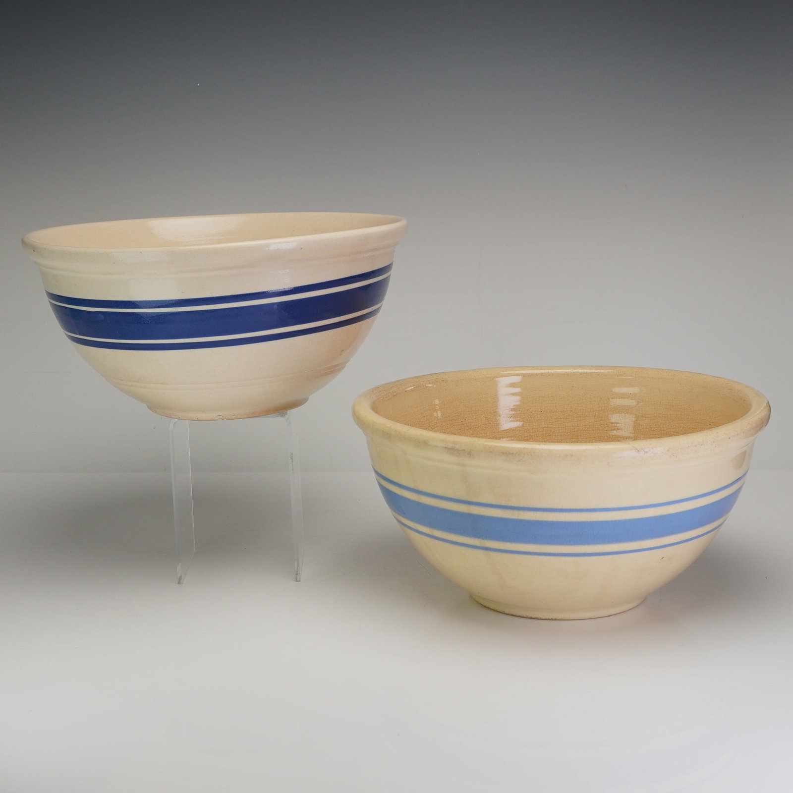 A Pair of Weller Pottery Blue Banded Yellow Ware Mixing Bowls (1 of 3)
