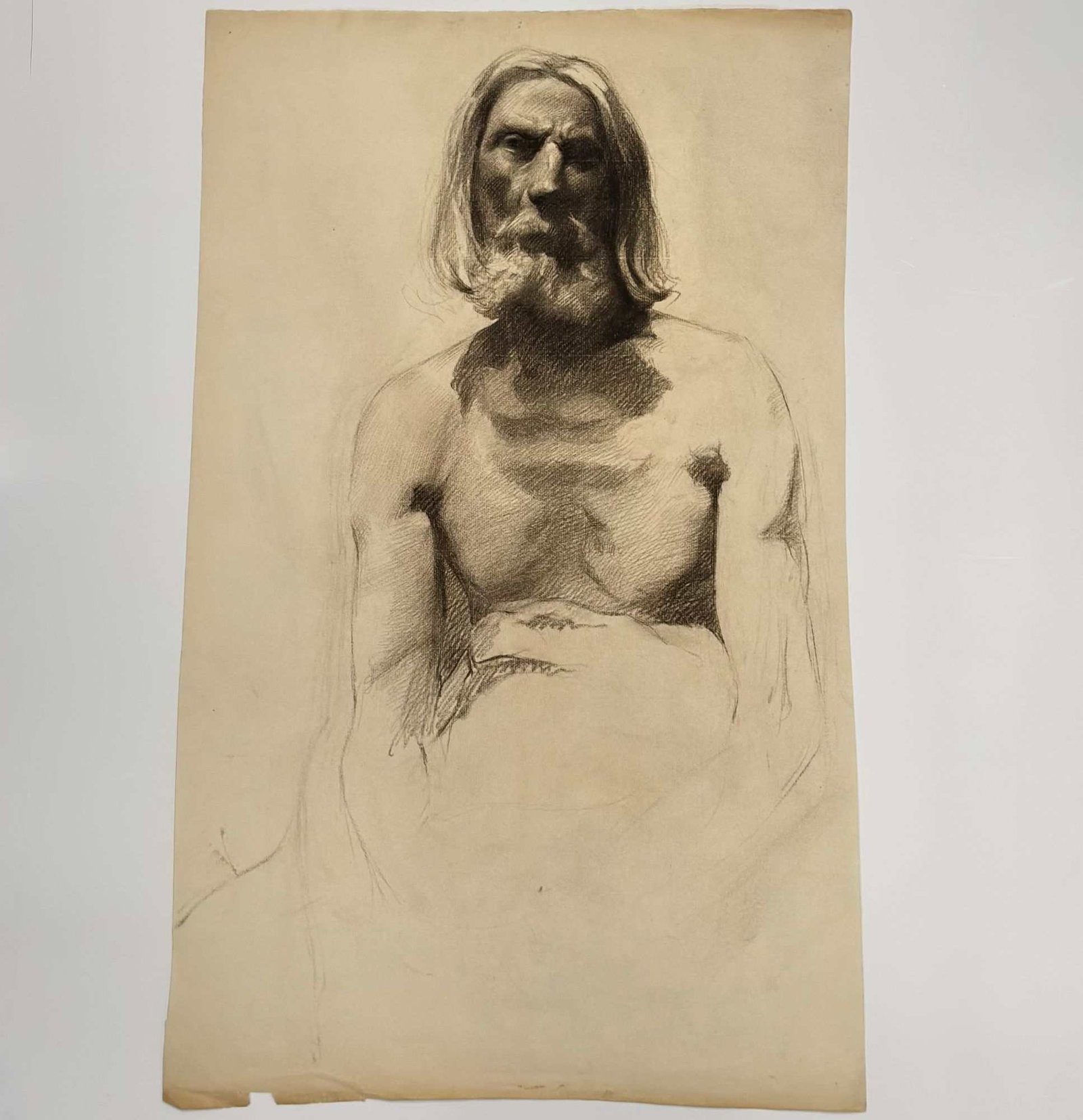 Angelo Comolli (Italian, 1863-1949), Academic Life Study of a Bearded Man, 1911-1913: This original charcoal and graphite drawing on toned wove paper is a life study by the Italian artist Angelo Comolli (1863-1949). The work dates from his time at the Eric Pape School of Art in Boston,