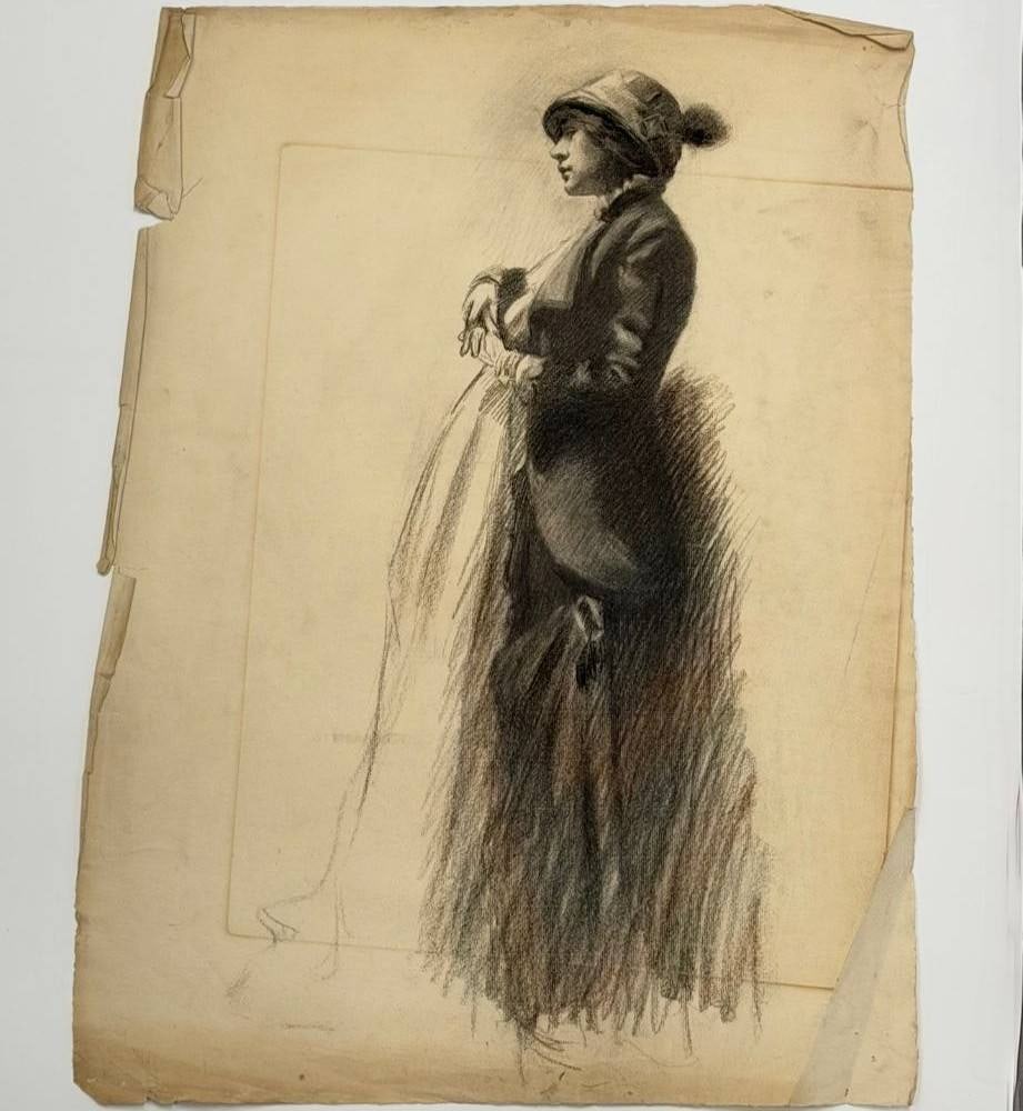 Angelo Comolli (Italian, 1863-1949), Portrait Study of a Standing Woman: This original drawing in charcoal and graphite on toned wove paper is by the Italian artist Angelo Comolli. The work depicts a woman in profile, standing and dressed in early 20th-century attire featu