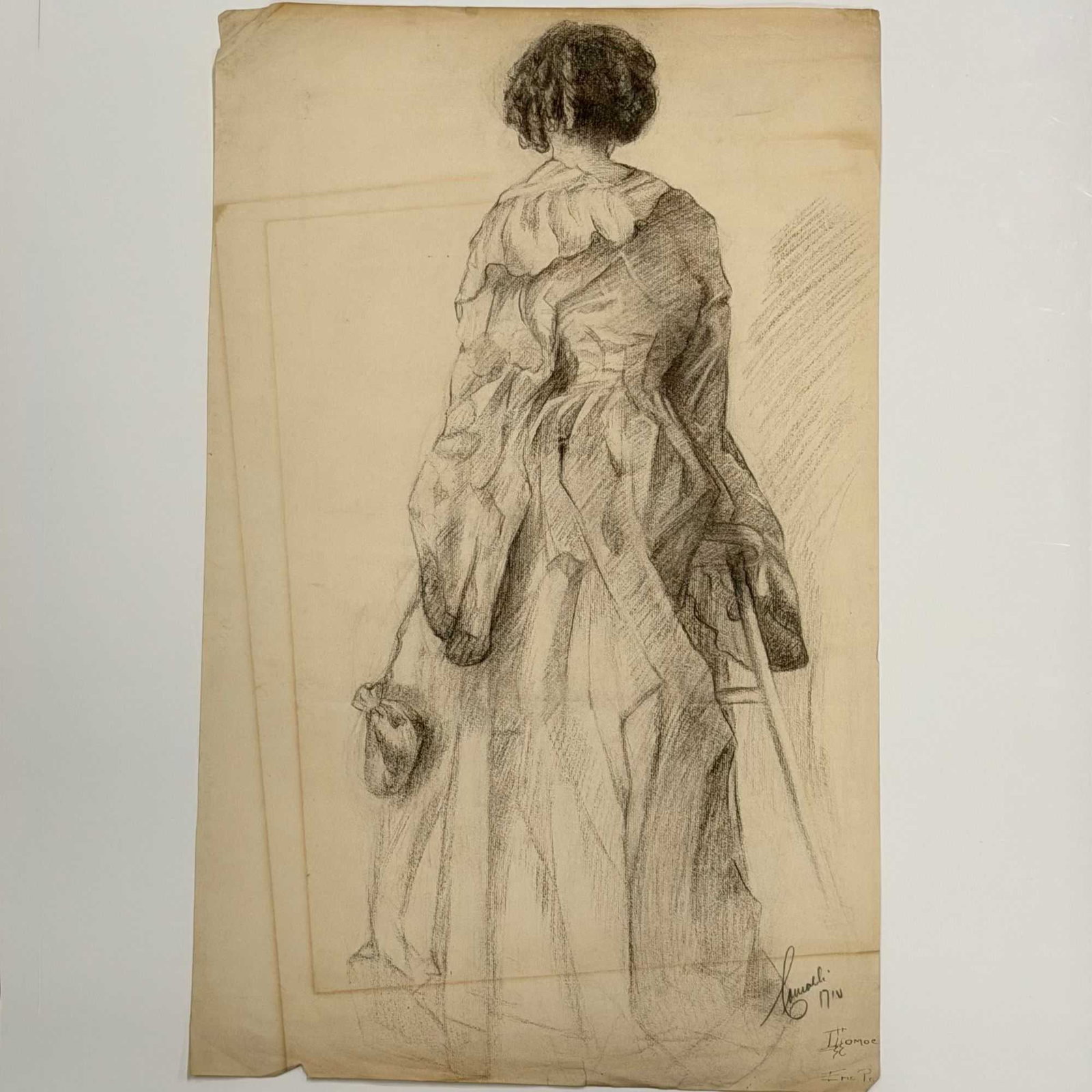 Angelo Comolli (Italian, 1863-1949), Study of a Standing Woman from Behind, ca. 1911-1913: This original charcoal and pencil drawing on toned laid paper is by Angelo Comolli (Italian, 1863-1949). The academic study depicts a female figure viewed from the back, dressed in historical attire f