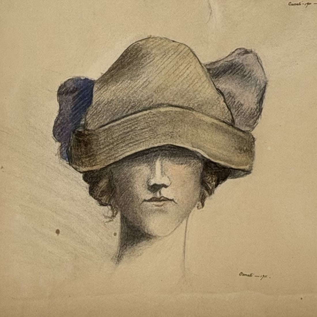 Angelo Comolli (Italian, 1863-1949), Two Fashion or Costume Studies, 1911: This work by Angelo Comolli (Italian, 1863-1949) features two female head studies executed in gouache, pen, and graphite on toned paper board. These illustrations were part of a portfolio created by t