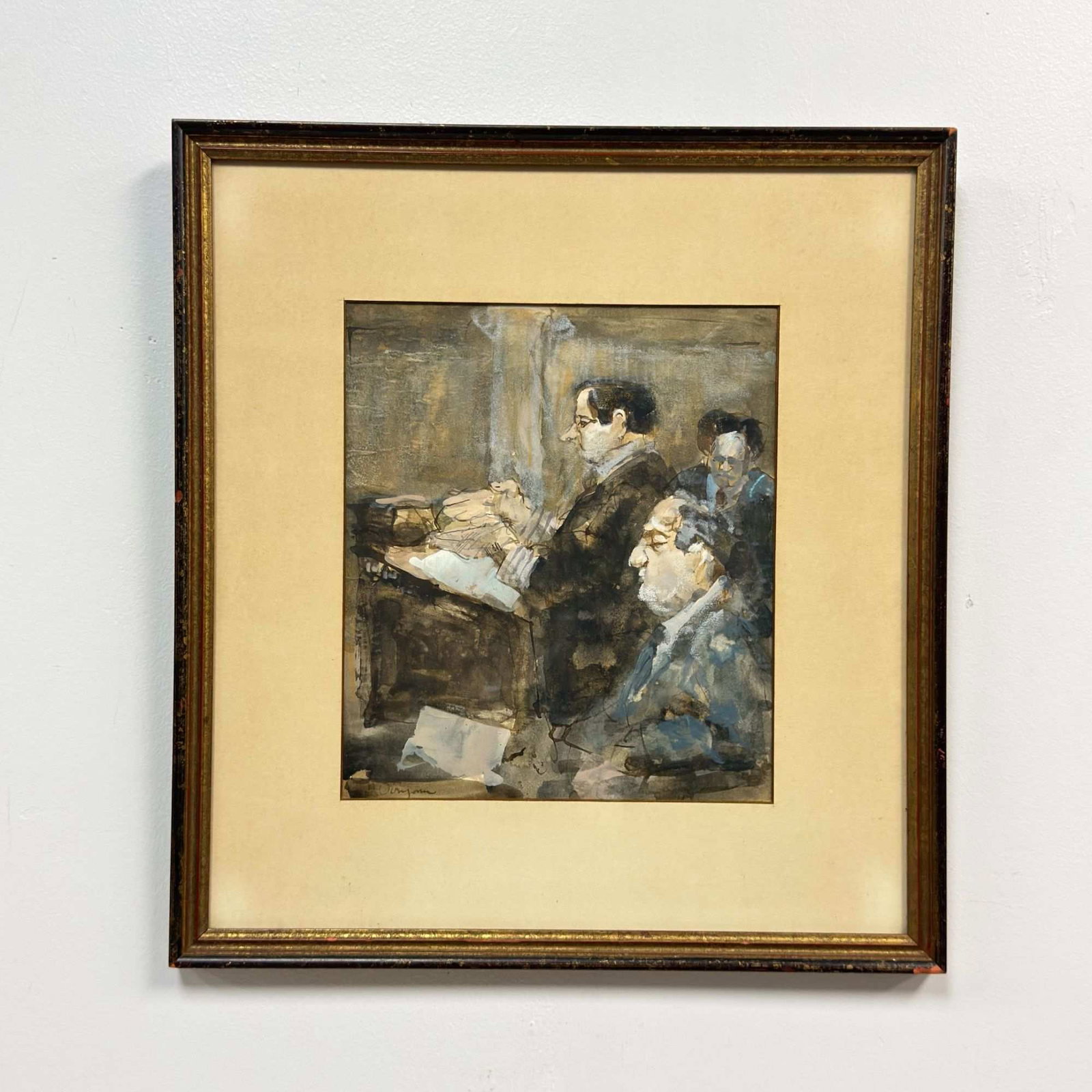 Hank Virgona (American, 1929-2019), Courtroom Scene, Mixed Media on Paper: This original mixed media artwork on paper is by the American artist Hank Virgona (1929-2019) and depicts an expressive scene inside a courtroom. The composition features three men in a professional s