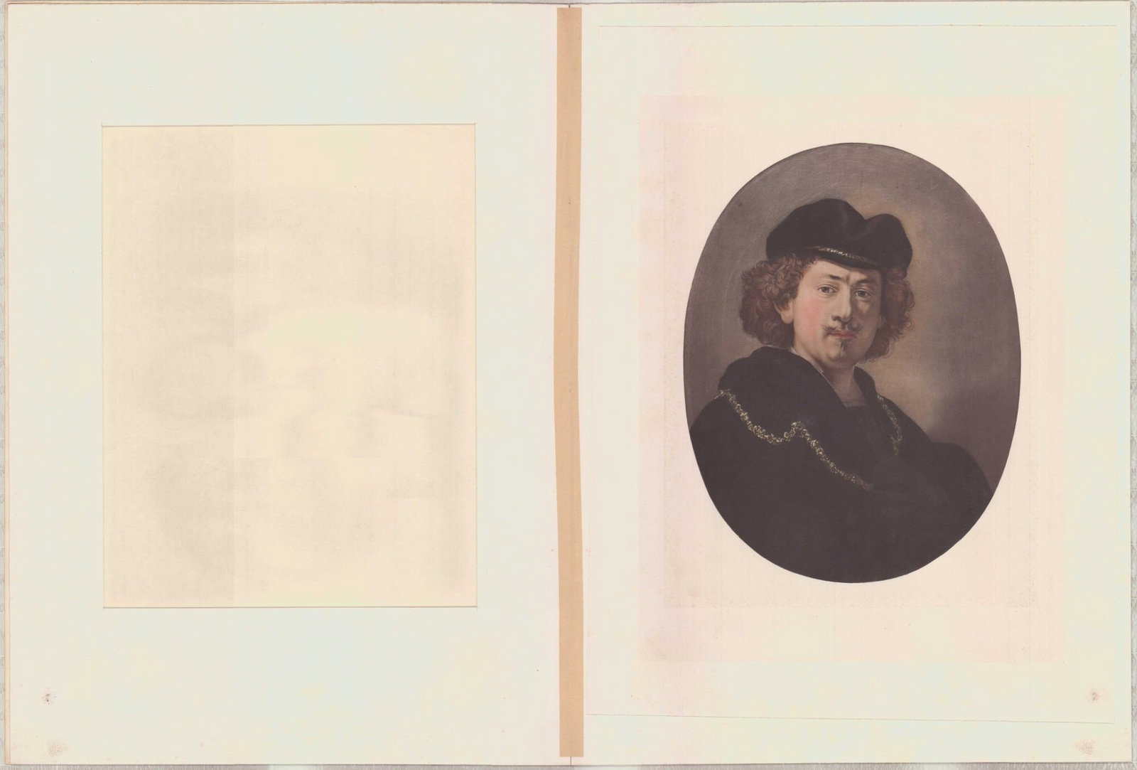 Rembrandt Self-Portrait Wearing Toque & Gold Chain: A chromolithograph after Rembrandt van Rijn (Dutch, 1606-1669) depicting the artist's celebrated 'Self-portrait Wearing a Toque and a Gold Chain' (c. 1633). The bust-length portrait is rendered in a B