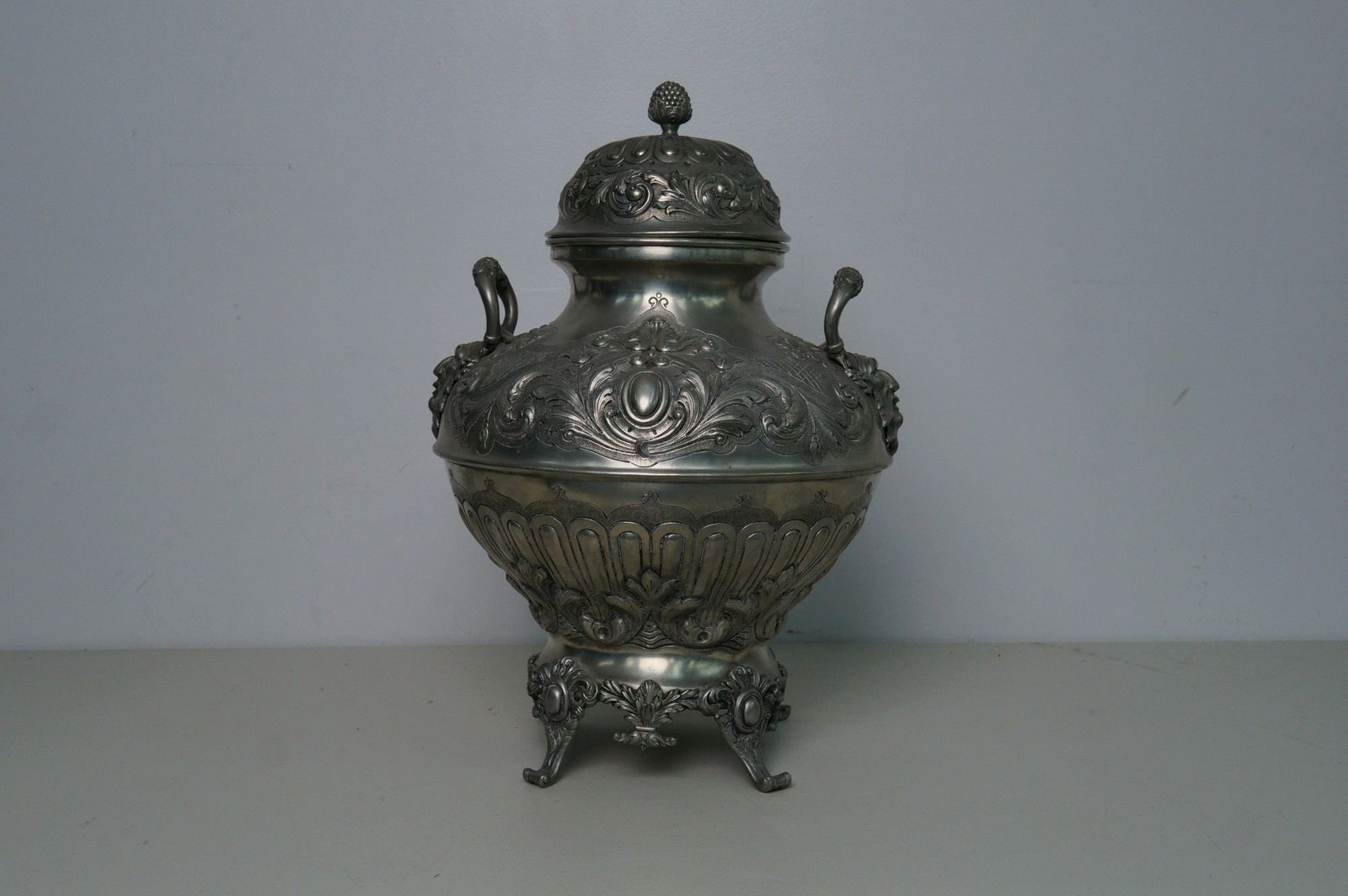 J. Dores Estanhos Embossed Pewter Footed Baluster Tureen with Lid: Victorian Rococo/Baroque decorative baluster handled tureen. Elaborate high-relief floral motifs, scrolling leaf borders, acanthus-style flourishes with Green Man adorned handles. J. Dores Estanhos im