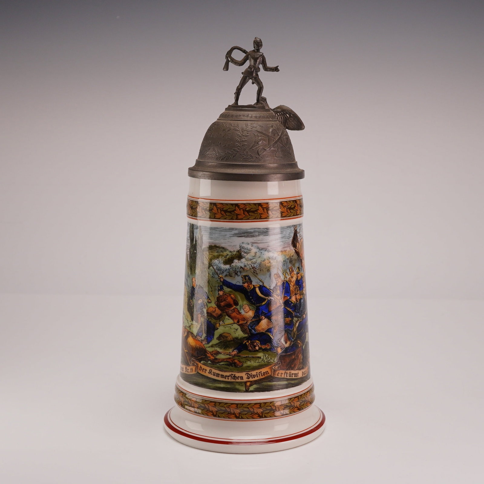 House of Goebel German Ornate Porcelain Beer Stein with Military Soldiers Scene and Pewter Lid (1 of 4)