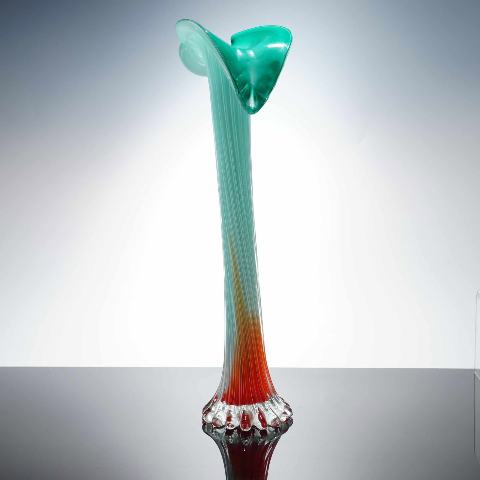 Jack-in-the-Pulpit Tall Teal and Orange Art Glass Vase: A tall art glass vase inspired by the Jack-in-the-Pulpit style, exhibiting characteristics of mid-century Murano production. The hand-blown vessel features an elongated, slender neck that flares into 