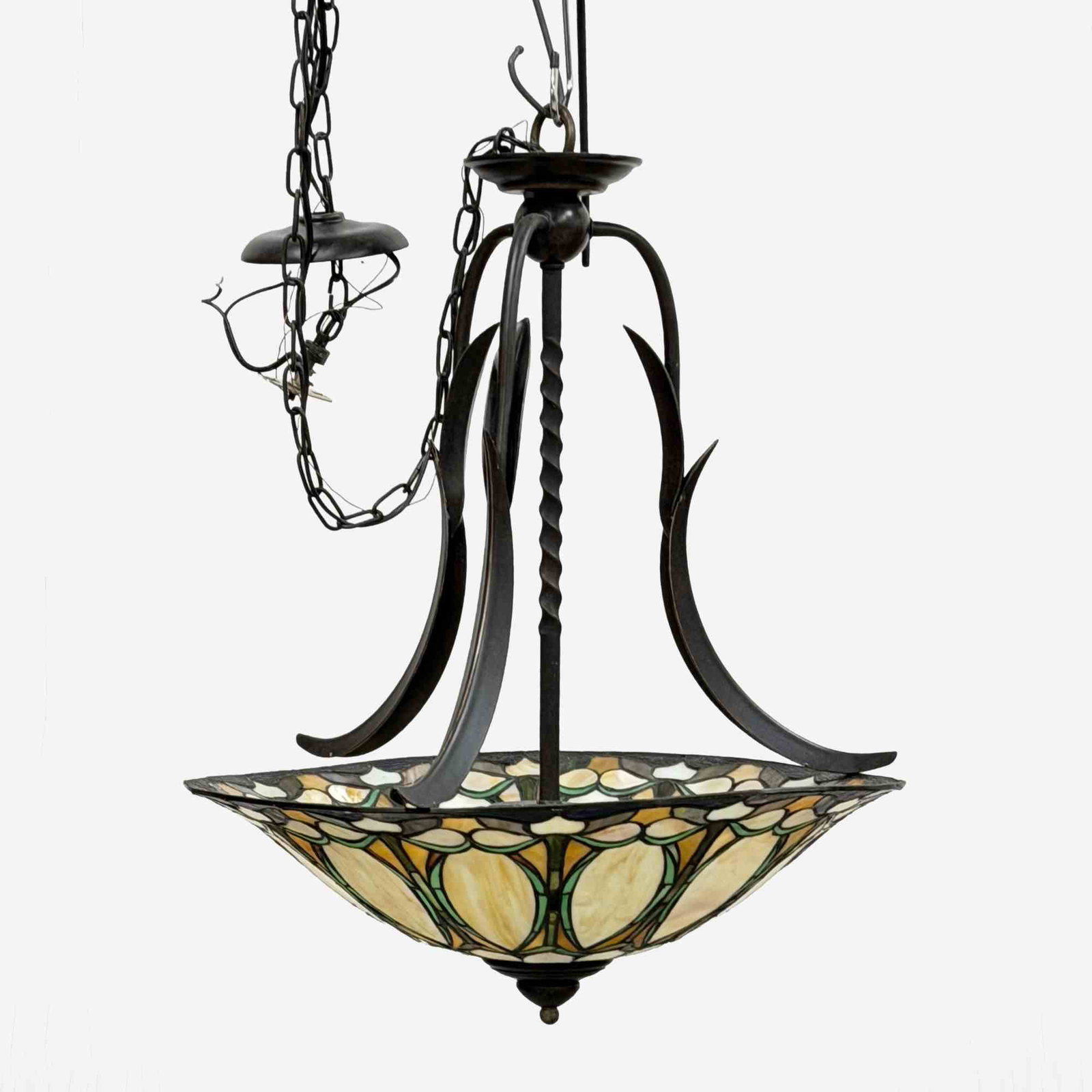 Ouoizel Inc. Tiffany Style Stained Glass Peony Ceiling 3-Light Pendant: Multi-colored art glass shade in amber, green and cream colored tones. Suspended by black metal leaf shaped arms. Quoizel Inc. foil label on inside lampshade. Dimensions: 26"H x 22" dia.
