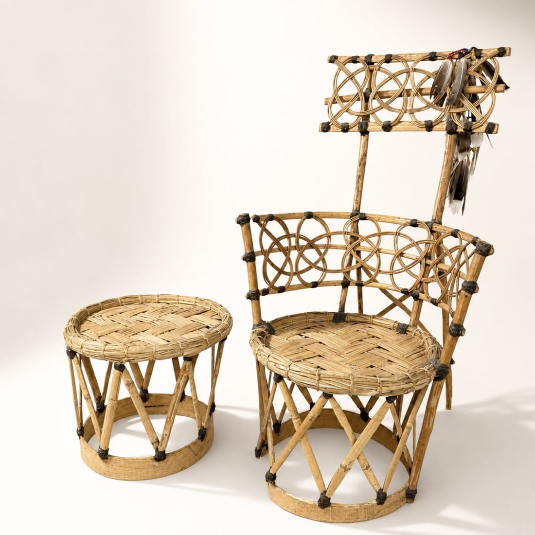 2pc Handmade Huichol Folk Art Pieces, Shaman's Chair (Uweni) and Side Table: This set of two handmade folk art pieces is attributed to the Huichol (Wixarika) people of Mexico, consisting of a shaman's chair, known as an uweni, and a matching circular side table or stool. The p