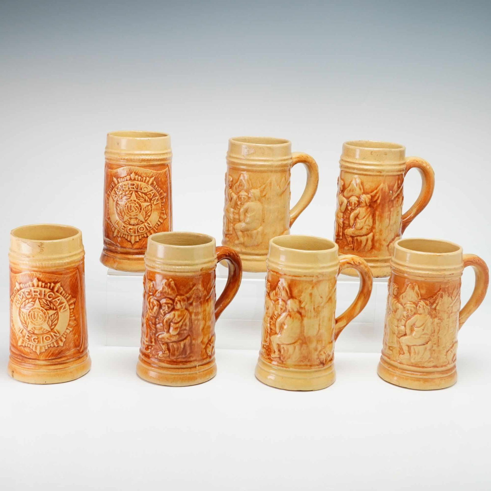 Set of Seven Hull Pottery Yellowware 1920s Steins, American Legion and Tavern Patterns (1 of 3)