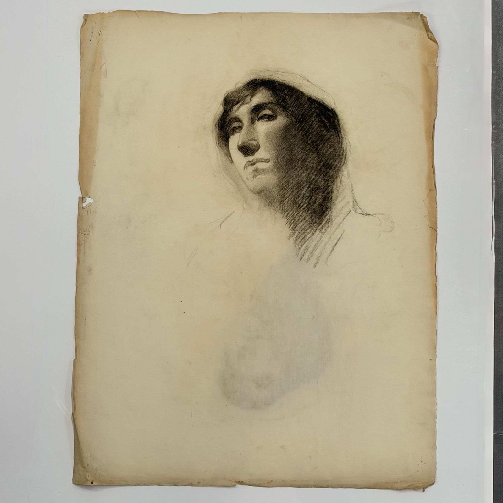 Angelo Comolli (Italian, 1863-1949), Portrait Study of a Woman, Charcoal on Paper, ca. 1911-1913: This original charcoal or conte crayon double-sided drawing is by Angelo Comolli (Italian, 1863-1949), created as part of a portfolio during his tenure at the Eric Pape School of Art in Boston, approx