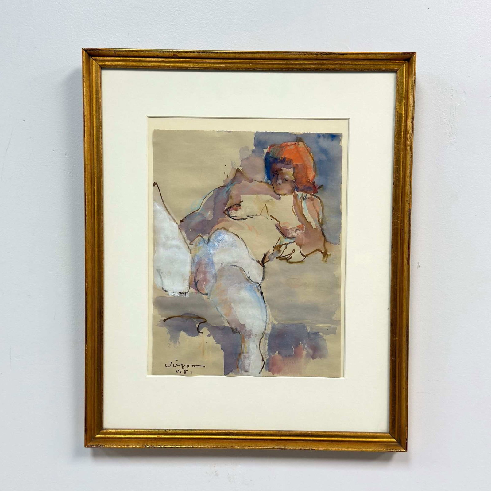Hank Virgona (American, 1929-2019), Mixed Media Nude Study, 1981: This original mixed-media painting of a female nude is by American artist Hank Virgona (1929-2019). The work is executed in watercolor and gouache with graphite outlines on toned paper. Rendered in a 