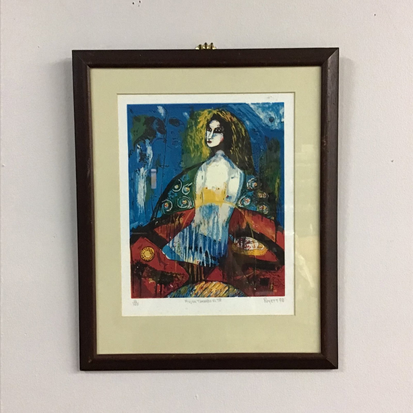 Felix Royett (Venezuelan b 1949), 'Mujer Tomando El Te', Lithograph: This lithograph on paper is by the Venezuelan artist Felix Royett (born 1949). Titled "Mujer Tomando El Te," the work is a vibrant, multi-color composition featuring a stylized, semi-abstract portrait