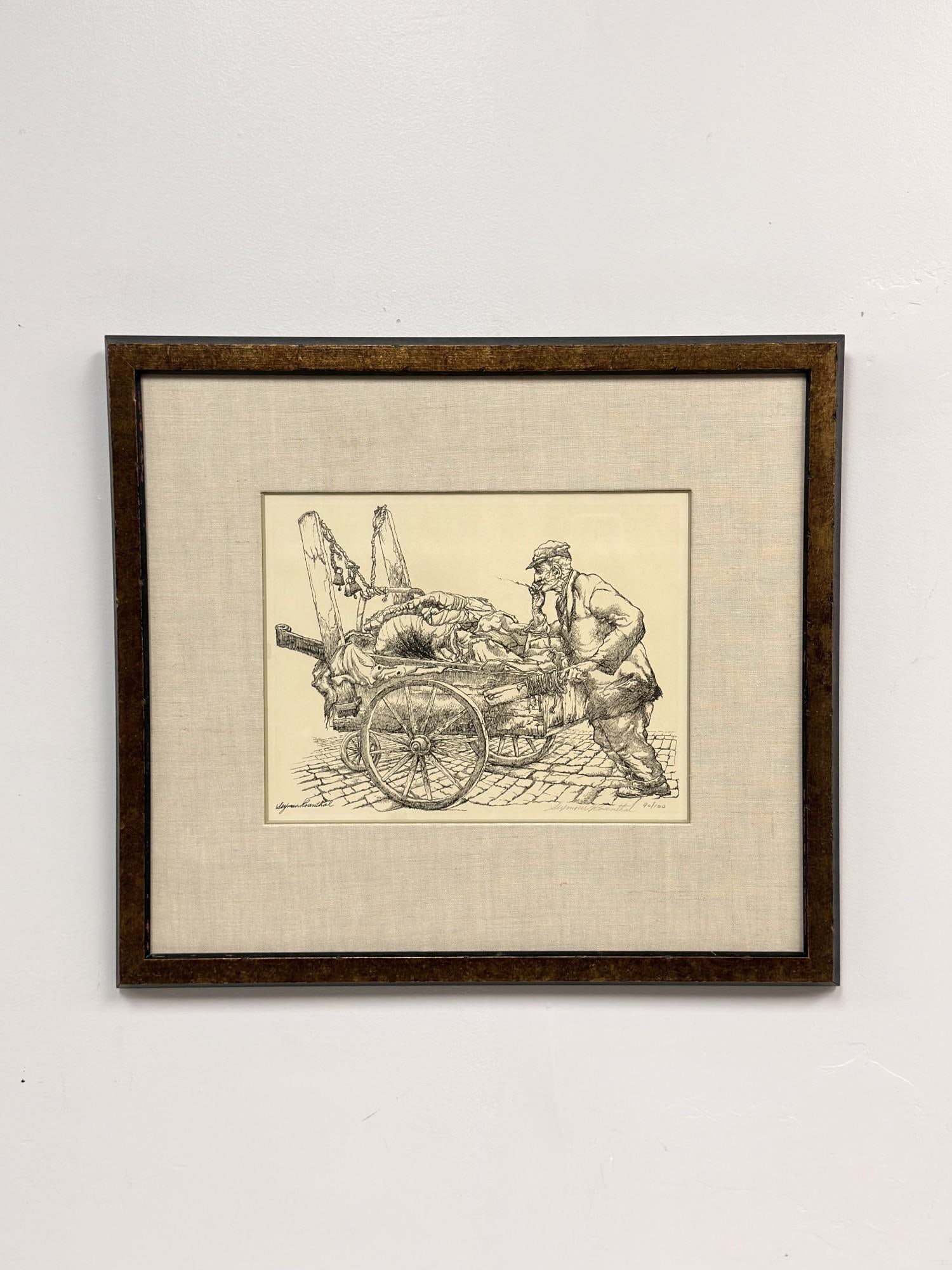 Seymour Rosenthal (American 1921-2007) Lithograph, The Junk Vendor: This lithograph on paper by American artist Seymour Rosenthal (1921-2007) is titled The Junk Vendor. The composition depicts a street peddler in profile, wearing a flat cap and smoking a pipe while pu