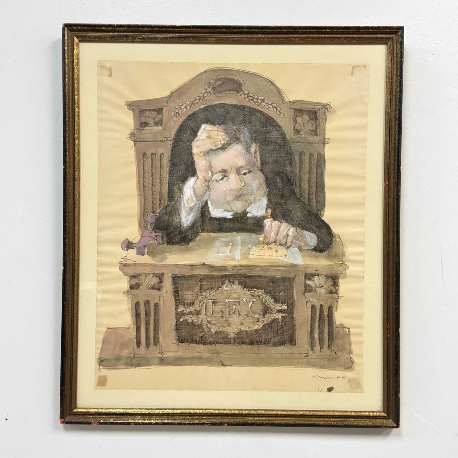 Hank Virgona (American, 1929-2019), Courtroom Scene with Judge, Mixed Media on Paper, 1974: This mixed media artwork on cream wove paper is a satirical caricature by American artist Hank Virgona (1929-2019). The scene depicts a judge or magistrate seated at a high-backed judicial desk, resti