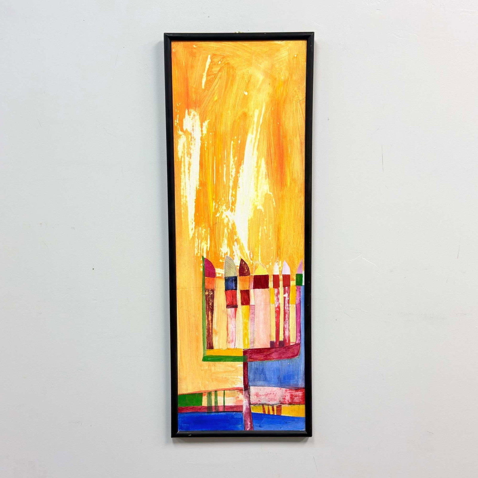 Modern Abstracted Menorah, Mixed Media on Board: This contemporary mixed media painting on board depicts an abstracted Menorah. Executed with oil, graphite, and wax crayon, the composition features a central stylized candelabrum built from vertical 