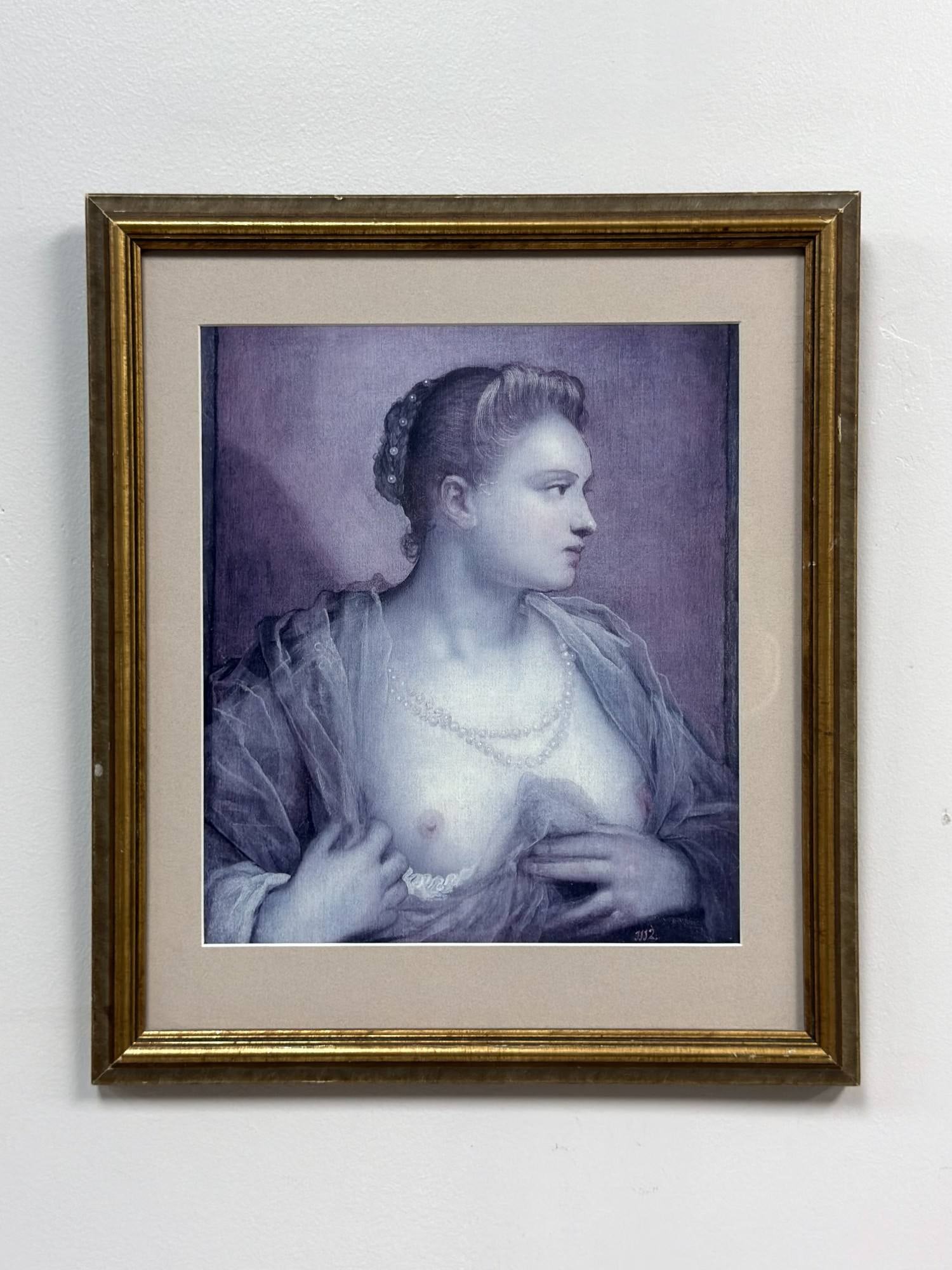 After Jacopo Tintoretto (Italian, 1518-1594), 'The Woman Revealing Her Breast': This item is a framed print on paper after the original painting by Jacopo Tintoretto (Italian, 1518-1594) titled The Woman Revealing Her Breast or Lady Uncovering Her Breast. The subject depicts a wo