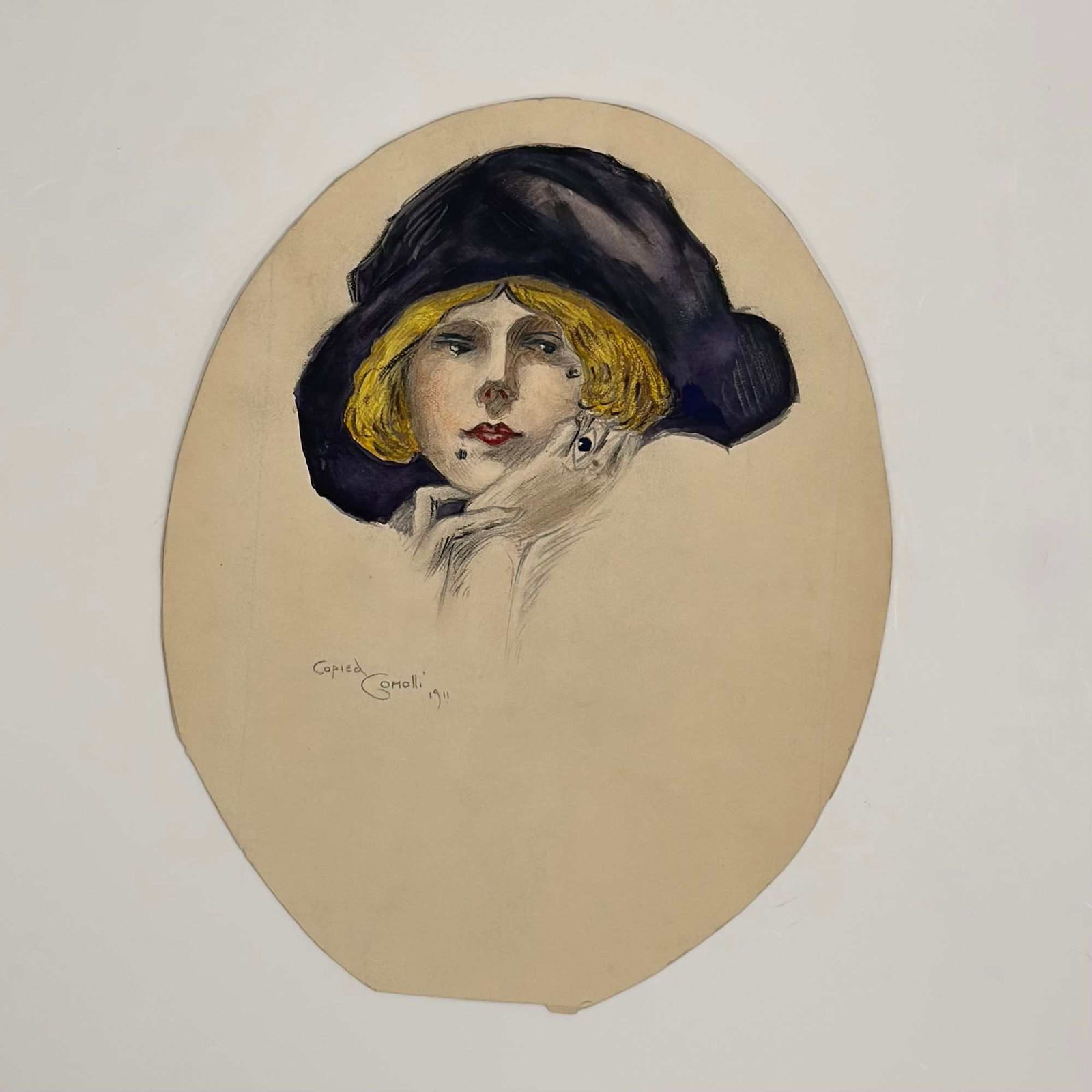 Angelo Comolli (Italian, 1863-1949), Portrait of a Woman, 1911: This gouache and pen drawing on paper is by the Italian artist Angelo Comolli (1863-1949). The work originates from the artist's portfolio created during his tenure at the Eric Pape School of Art in B