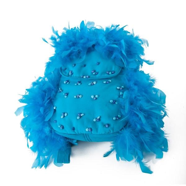 Irene Marie Angel Bag, Annie Medio Precious: One-of-a-kind, unique creation, couture turquoise cotton Precious back bag with turquoise Chandelle feathers. Lined in turquoise satin rayon and detailed in blue faceted teardrop topaz and turquoise s