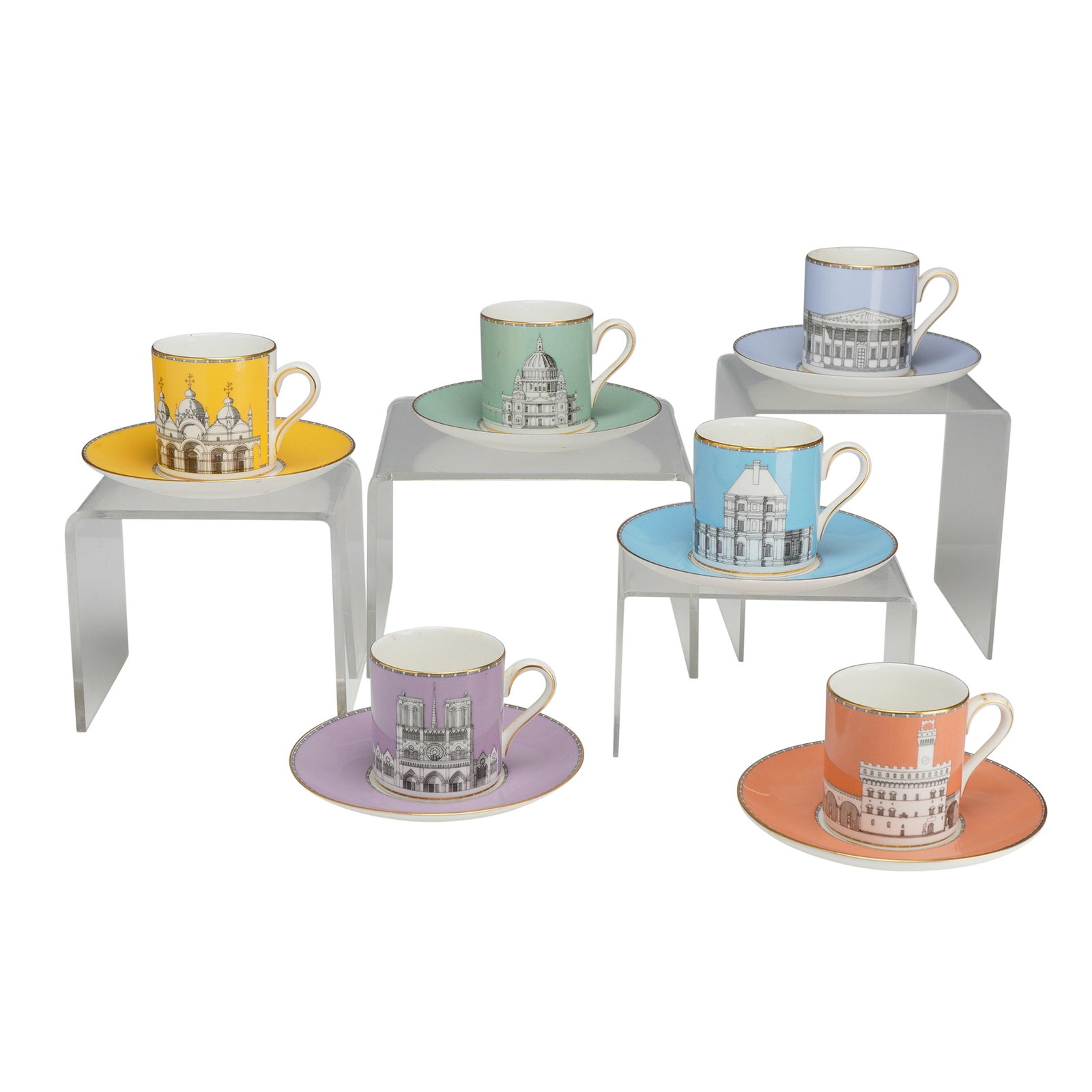 12pc Wedgwood Bone China Grand Tour Collection Cups and Saucers: This set of six bone china demitasse cups and saucers is from the Grand Tour Collection produced by Wedgwood in England. Each cup and saucer pair features a different vibrant monochrome background col