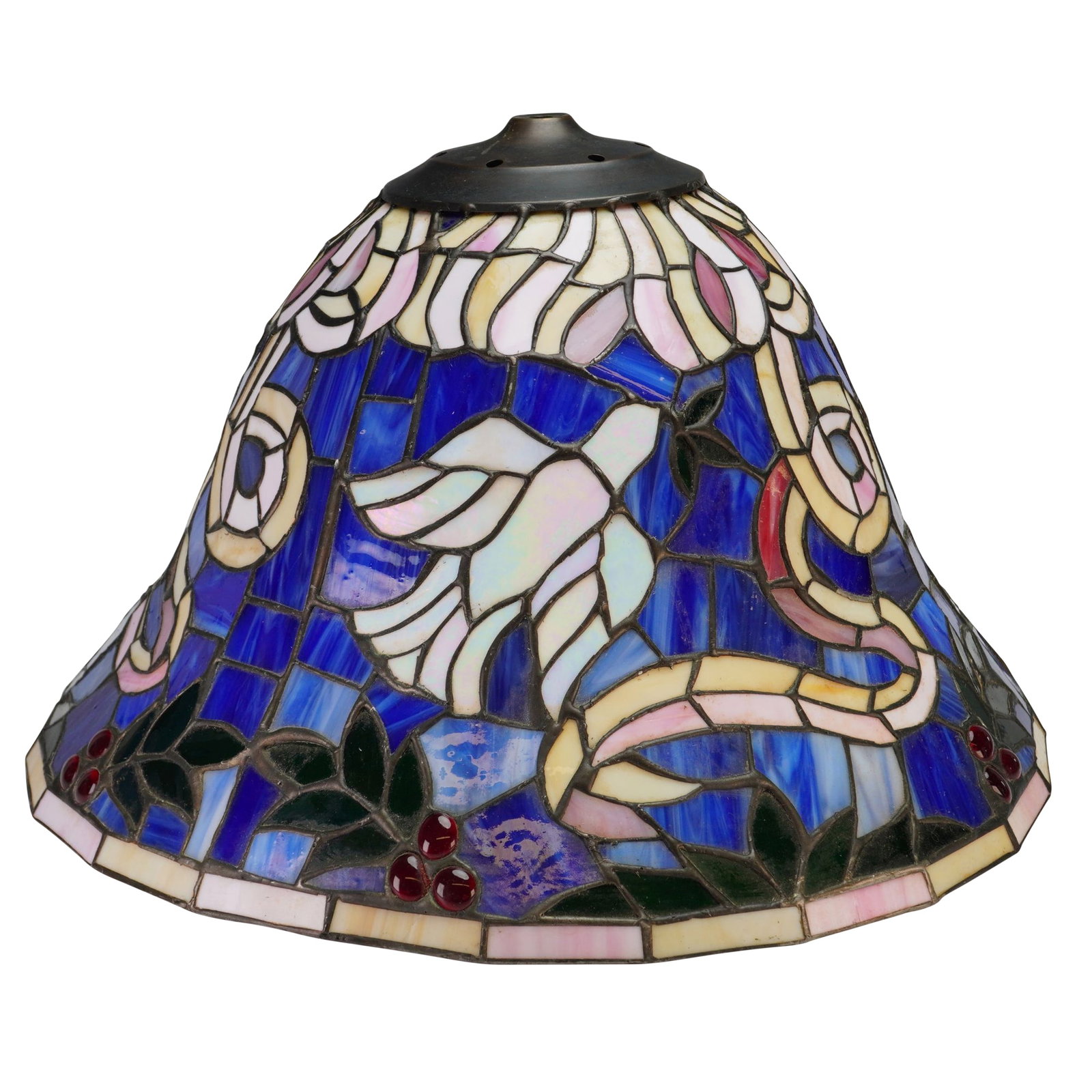 Tiffany Style Lamp Shade with Dove and Ribbon Motif: A stained-glass style lamp shade constructed in acrylic, featuring a mottled blue opalescent and slag glass-effect ground. The design depicts three white doves in flight within a field of flowing ribb
