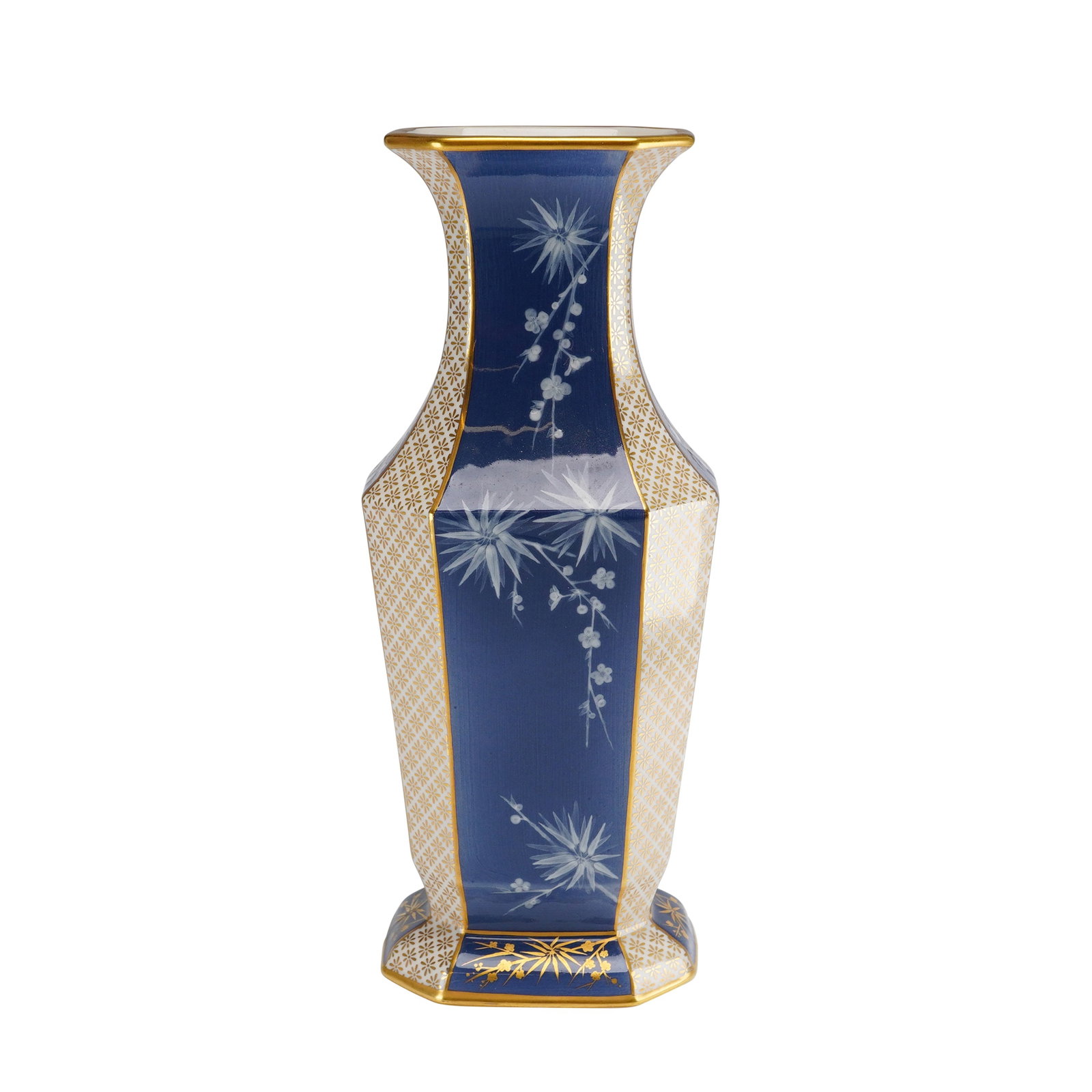 Wedgwood Bone China Octagonal Satsuma Style Vase: A Wedgwood bone china vase featuring an octagonal faceted form with a flared rim and base. The decoration is executed in a Japanese-inspired Satsuma style, featuring alternating vertical panels. Three
