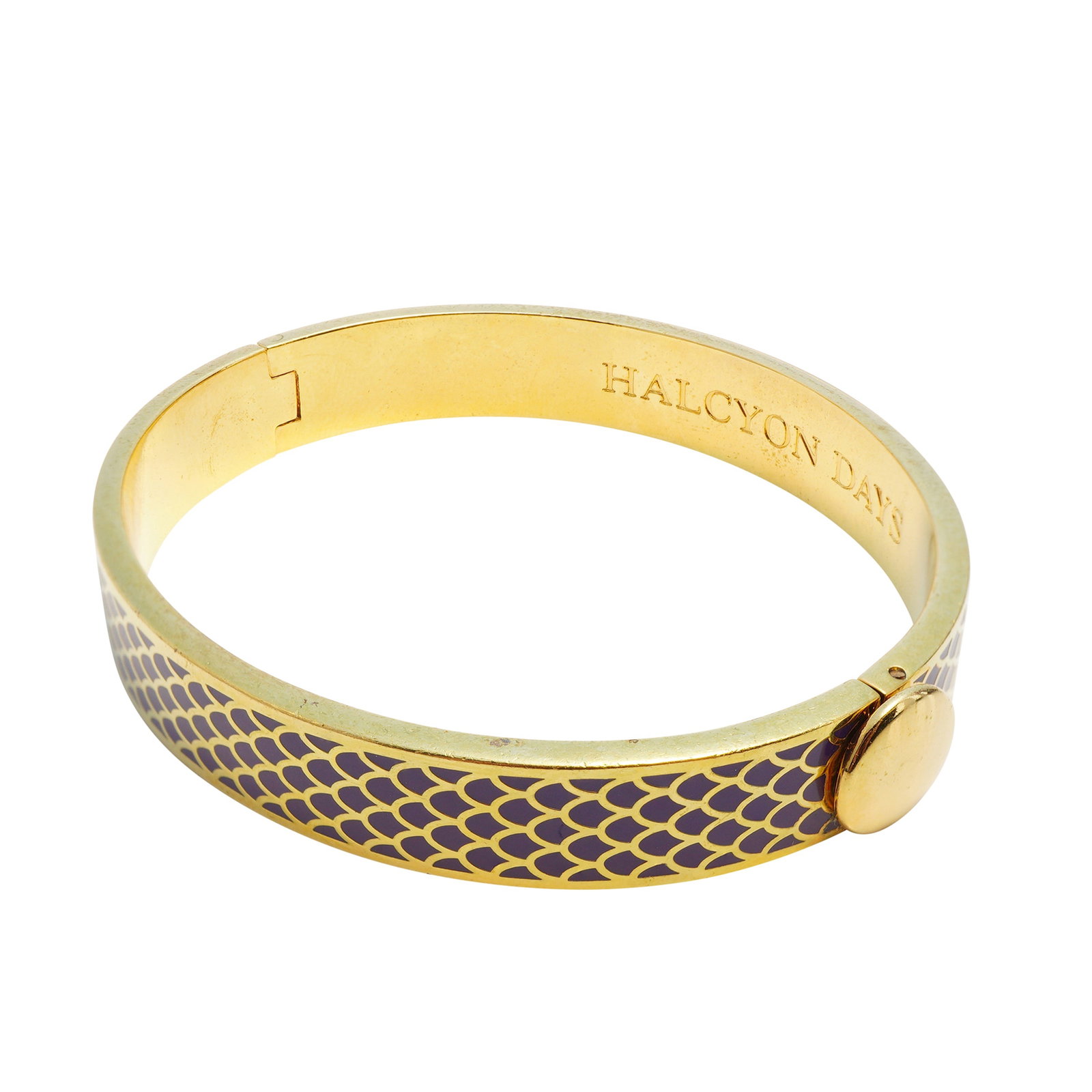 Halcyon Days Gold-Plated Salamander Enamel Hinged Bangle Bracelet: This designer hinged bangle by Halcyon Days is crafted from 18K gold-plated metal featuring a vibrant purple enamel Salamander scale pattern around the exterior. The interior is engraved with the hall