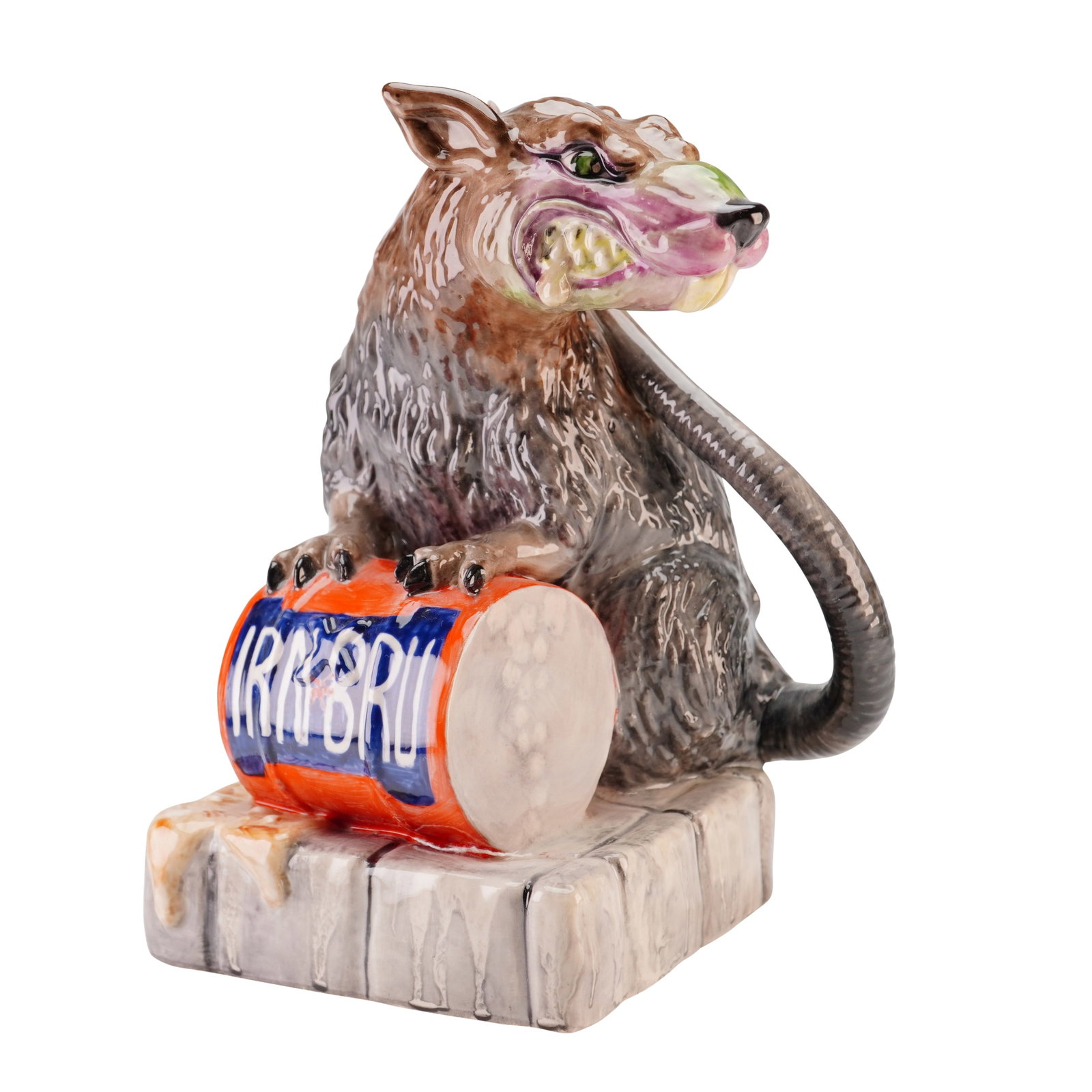 Kevin Francis Ceramics Banksy Street Art Collection Irn-Bru Rat Prototyp Figurine: A unique Kevin Francis Ceramics trial figurine from the Banksy Street Art Collection. This hand-painted glazed ceramic piece depicts a stylized, grotesque rat clutching a soda can labeled IRN-BRU. The