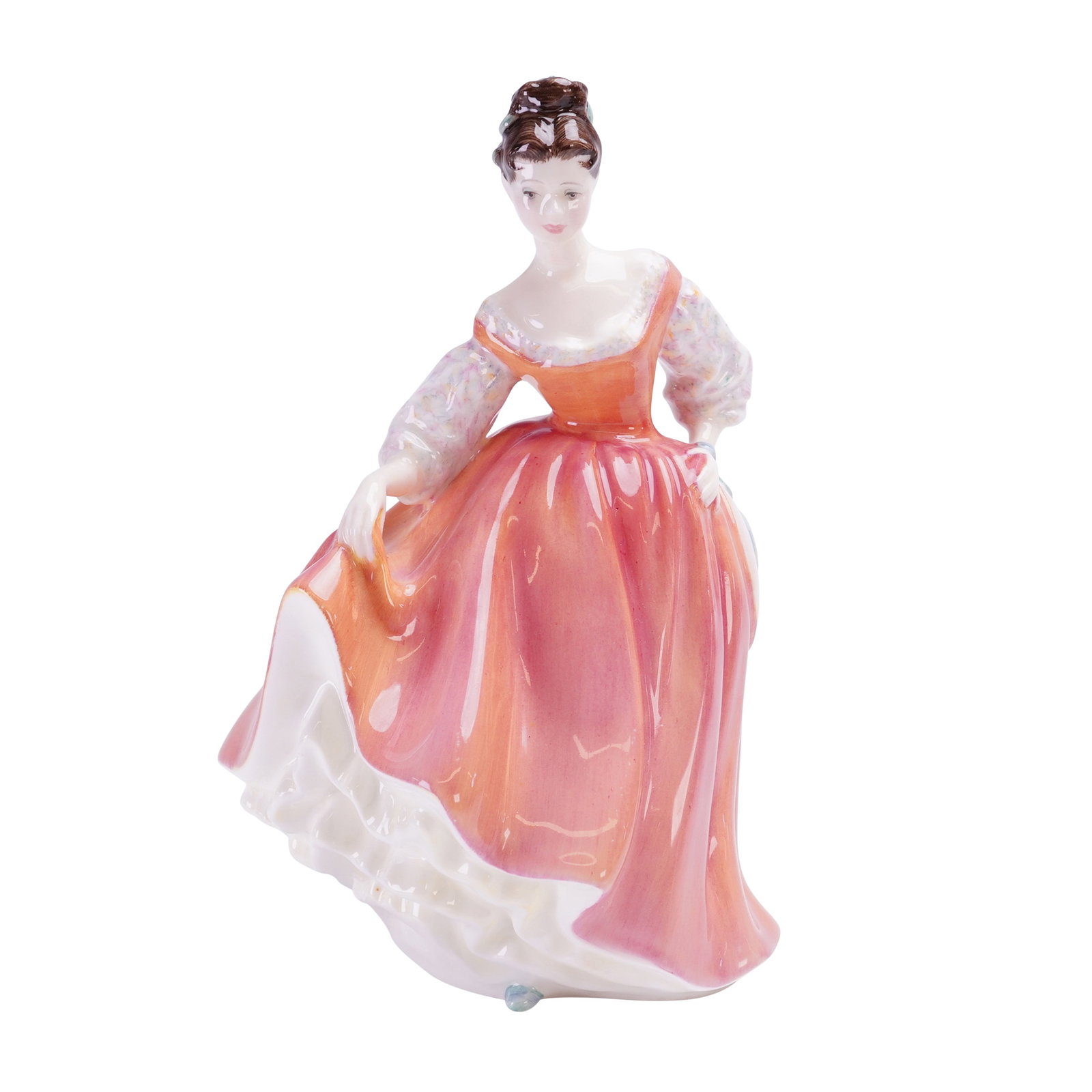 Royal Doulton Fair Lady Coral Pink Figurine HN2835: This Royal Doulton bone china figurine, titled Fair Lady Coral Pink, model number HN 2835, depicts a woman in mid-18th-century style attire. The figure features a coral-pink dress with a full skirt an