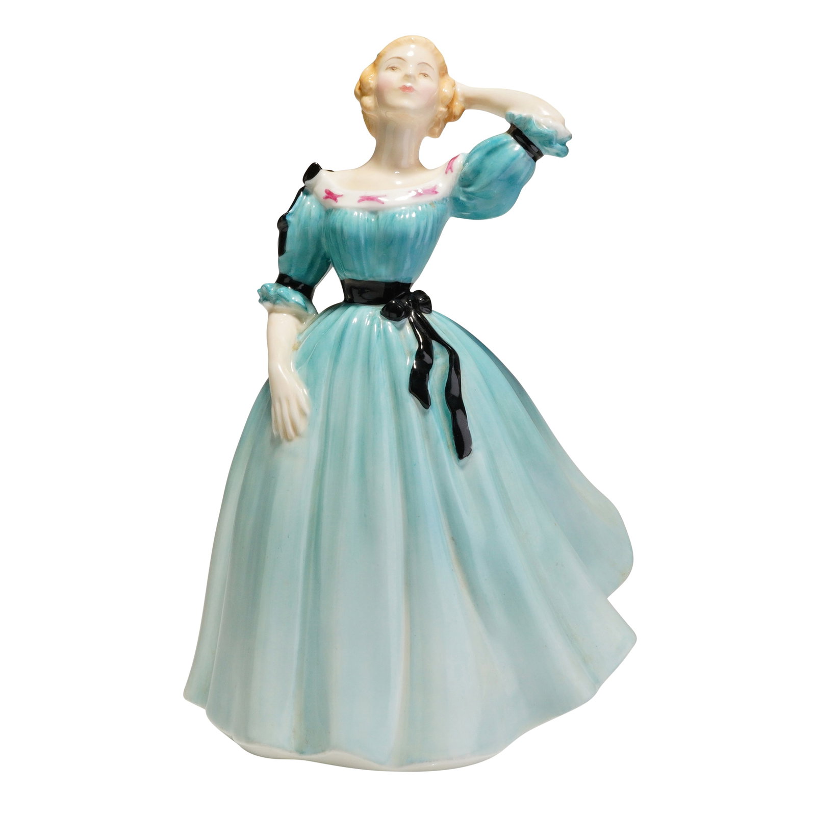 Royal Doulton Figurine Celeste HN2237: A bone china figurine titled "Celeste," model number HN 2237, manufactured by Royal Doulton. The figure depicts a standing woman in a voluminous dress, finished in a glossy aqua blue glaze. The dress 