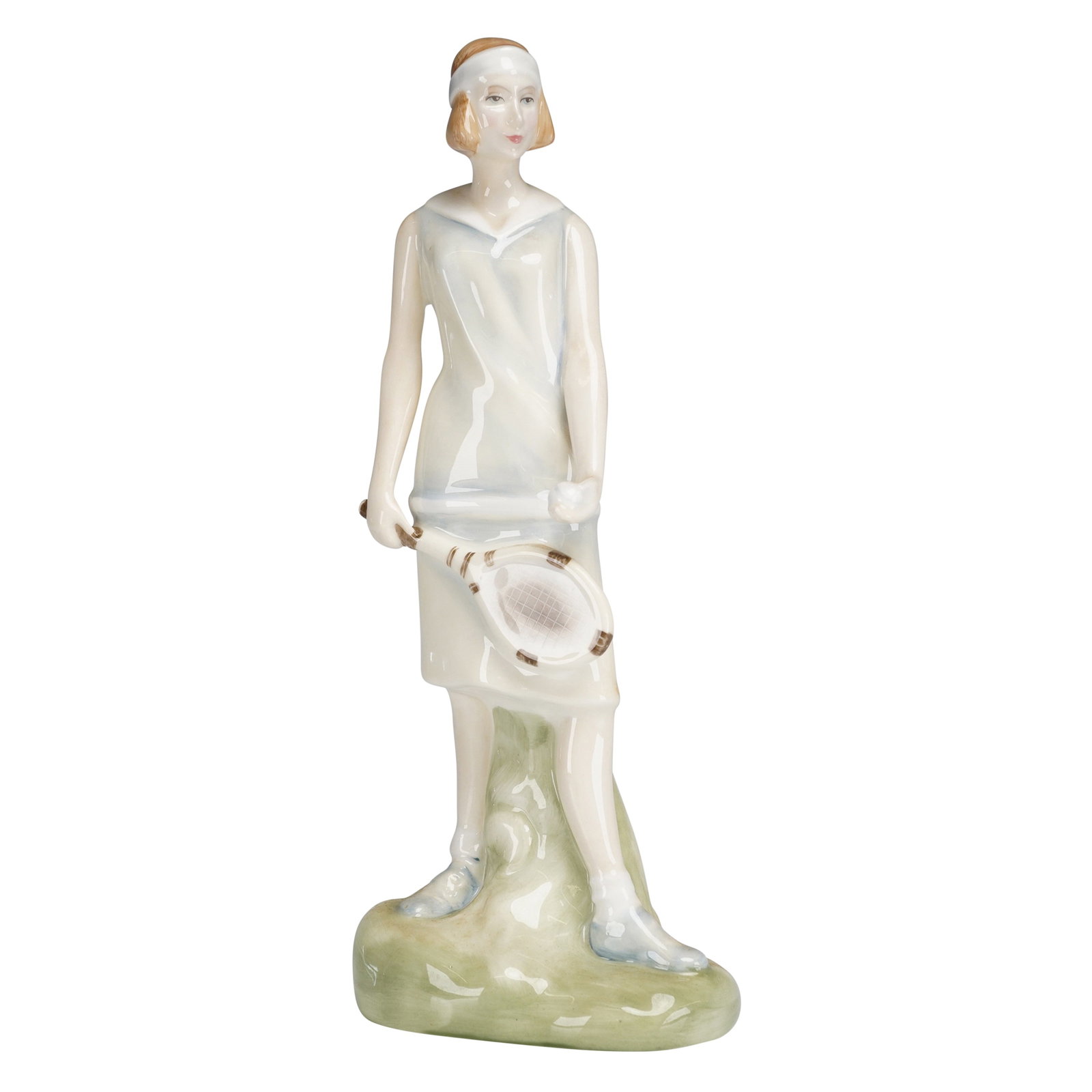 Royal Doulton Figurine Emily HN3807: A glazed bone china figurine by Royal Doulton, depicting a tennis player in white and light green, modeled by Alan Maslankowski and dated 1996. The underside features the Royal Doulton backstamp, the 