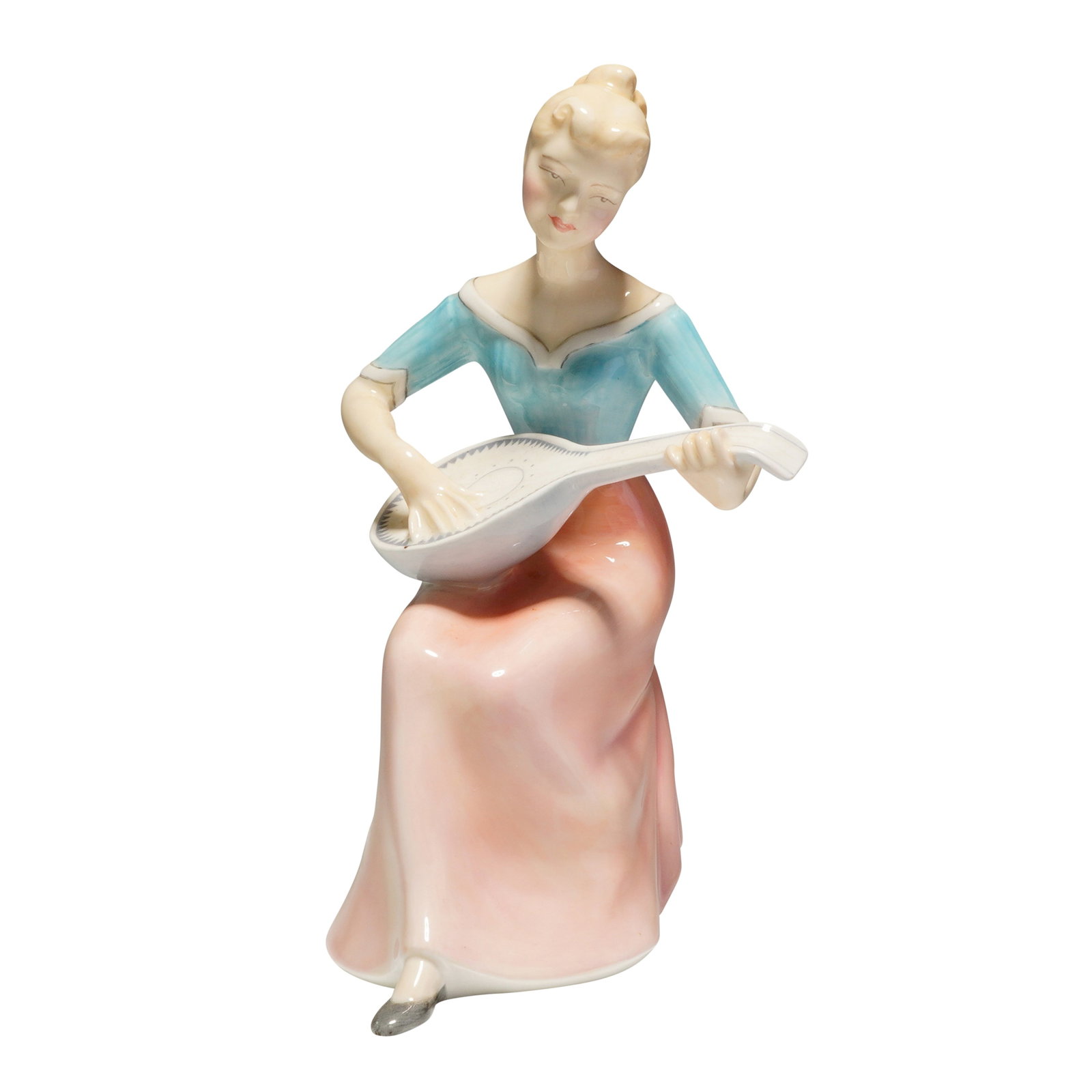 Royal Doulton Figurine Melody HN 2202: A single Royal Doulton Figurine melody hn2202, a cream, blue, and pink bone china figure depicting a woman playing a mandolin, marked HN 2202 and dated COPR 1956. Dimensions: 4.00"L x 4.25"W x 6.25"H 