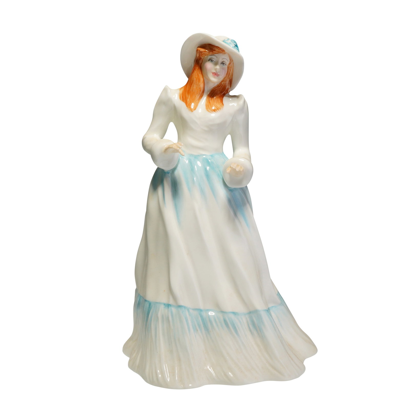 Royal Doulton Figurine, Emily HN 3204: Royal Doulton bone china figurine Emily HN 3204, modeled by Adrian Hughes and produced in England. This hand-decorated figure depicts a woman in a late 19th-century style long-sleeved white dress with