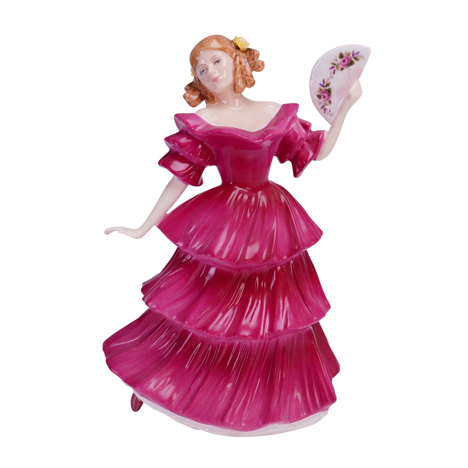 Royal Doulton Figurine, Jennifer HN3447: The figure, modelled by Peter A. Gee, depicts a young woman with red-blonde hair and a yellow floral accent in her hair. She wears an off-the-shoulder, tiered dress rendered in a vibrant, glossy magen