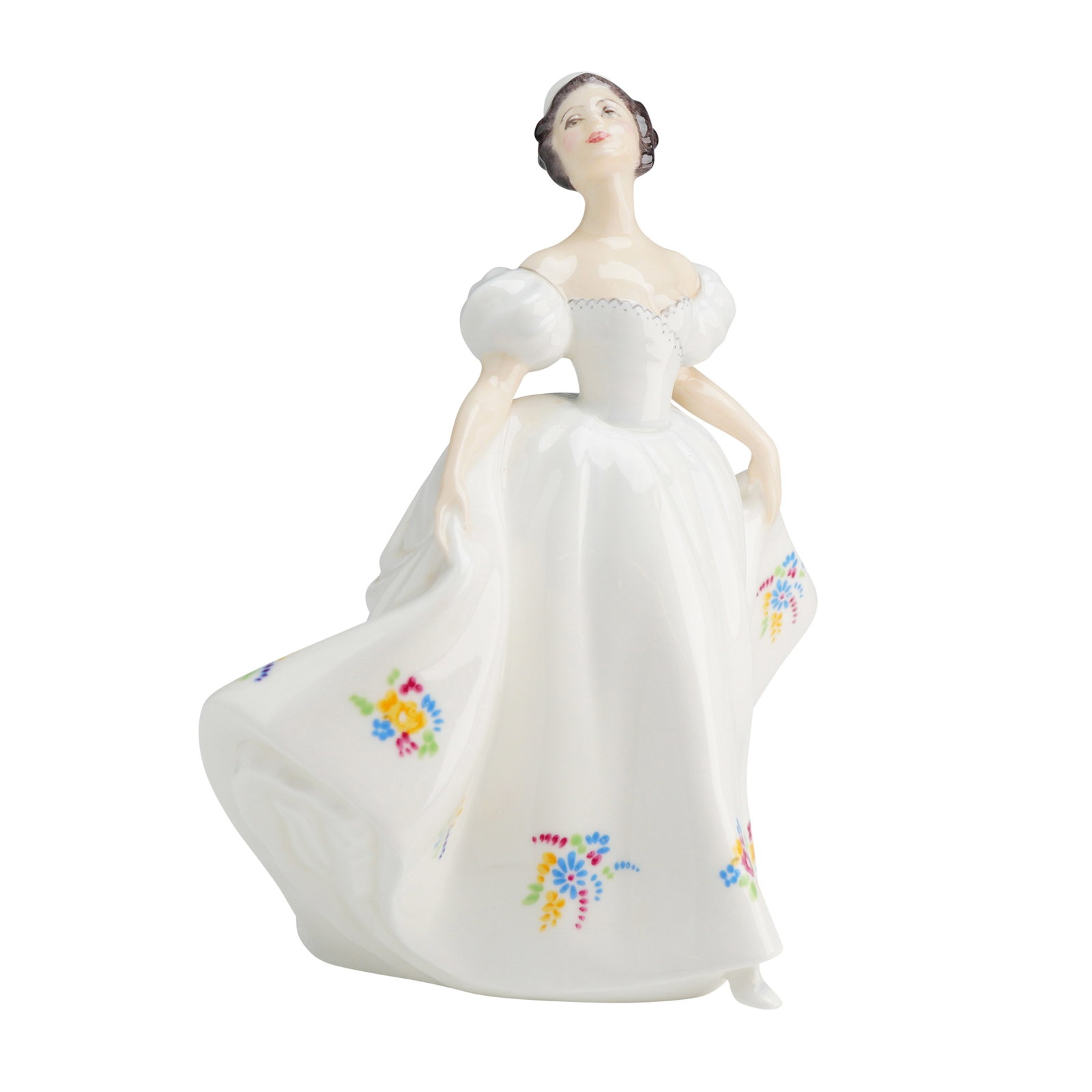 Royal Doulton Figurine, Kate HN2789: The figure depicts a young female dancer or lady posed dynamically with her head tilted back and her skirt flowing outward. She wears a voluminous white formal gown featuring puff sleeves. The gown is