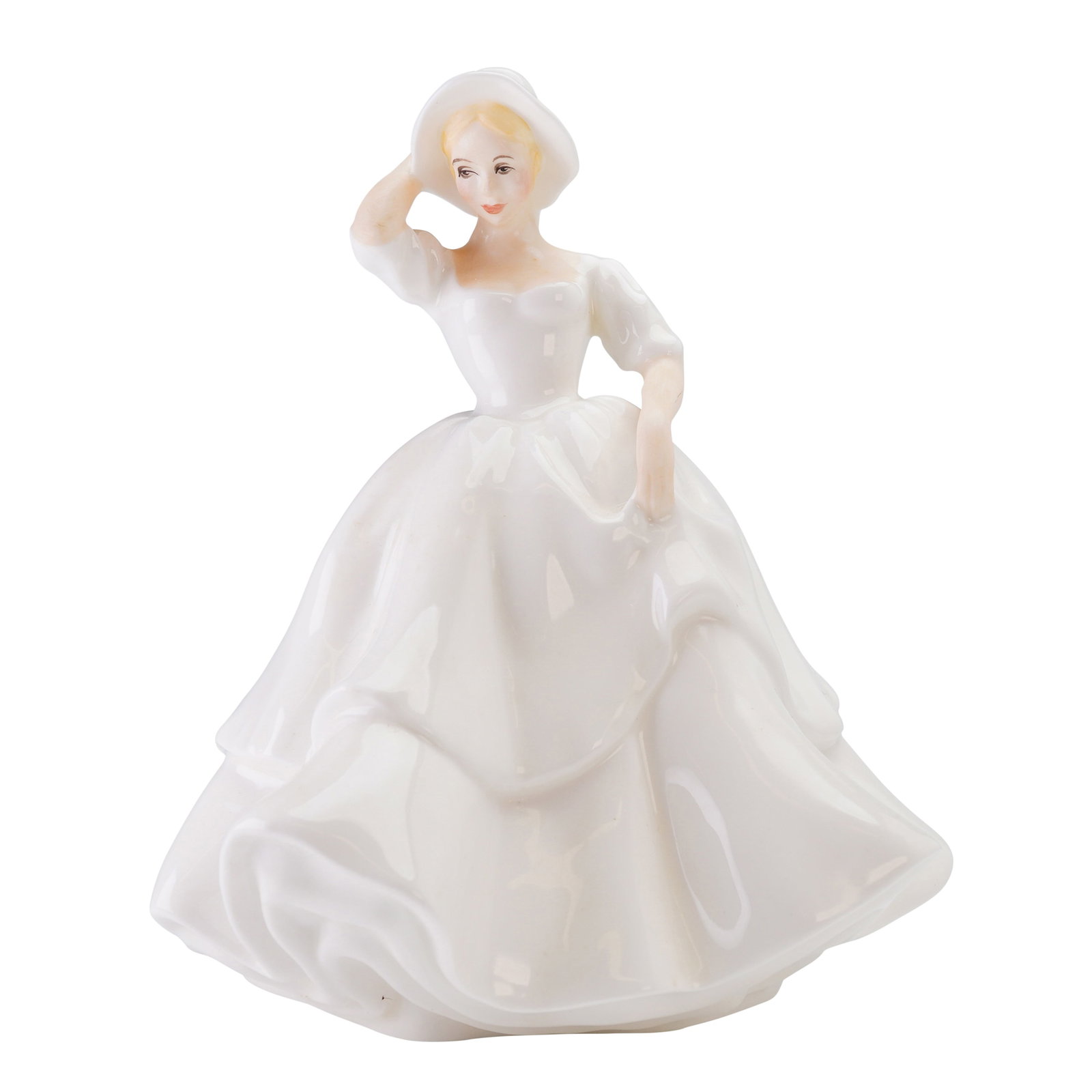 Royal Doulton Figurine, Samantha HN2954: The figure is modeled as a woman wearing a wide-brimmed hat and a tiered white dress. The subject is depicted with her right hand on the brim of her hat and her left hand lifting the hem of her gown. 