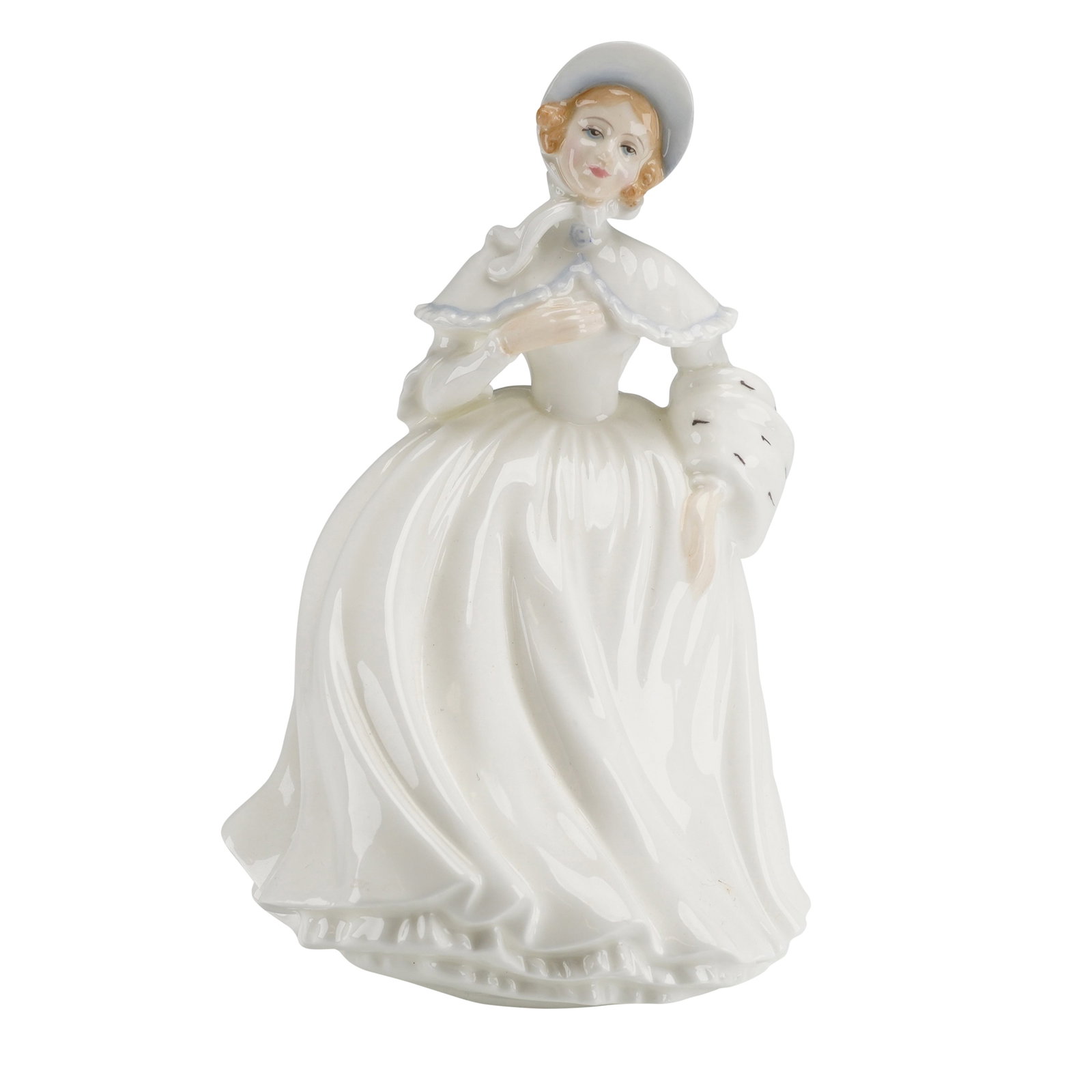 Royal Doulton Jessica HN 3497 Bone China Figurine: A Royal Doulton bone china figurine titled Jessica, model number HN 3497. This hand-decorated piece, modeled by Peggy Davies, depicts a woman in a Victorian-style ensemble featuring a full white skirt