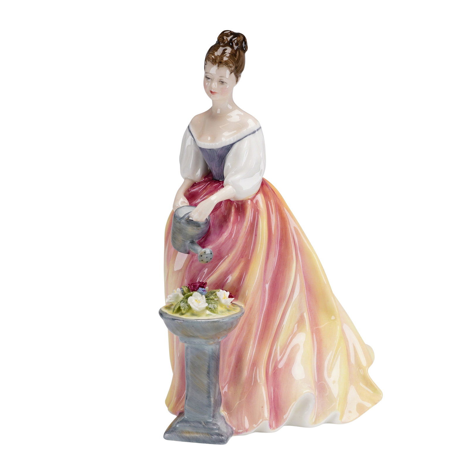 Royal Doulton Porcelain Figurine, Alexandra HN 3286: This fine bone china figurine from Royal Doulton is titled Alexandra, model number HN 3286. It depicts a young woman in an off-the-shoulder gown with a voluminous skirt featuring a vibrant yellow and 