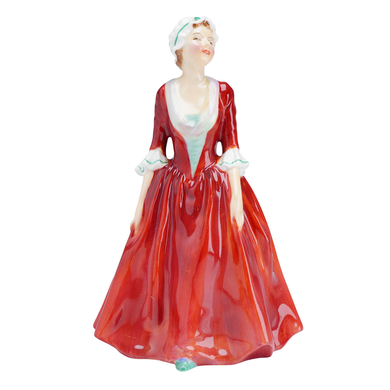 Royal Doulton Porcelain Figurine, Gwynneth HN1980: This Royal Doulton fine bone china figurine, titled Gwynneth (HN1980), depicts a young woman in 18th-century style attire. She is shown wearing a voluminous deep red gown with a white fichu and ruffle