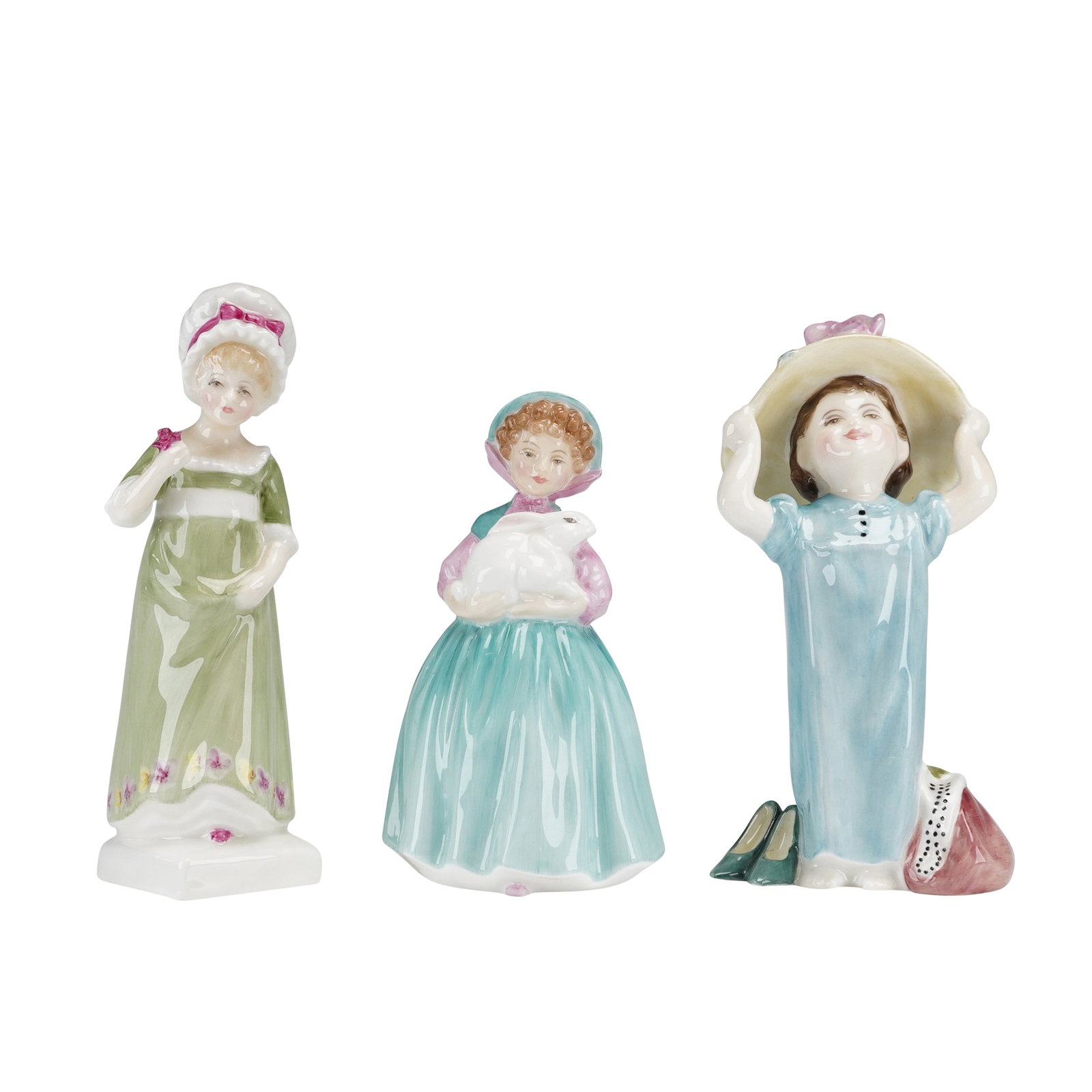 3pc Royal Doulton Bone China Figurines, Ruth, Bunny & Make Believe: This collection consists of three Royal Doulton fine bone china figurines, each finished with a high-gloss polychrome glaze. The group includes the model Ruth (HN 2799) from the Kate Greenaway Collect