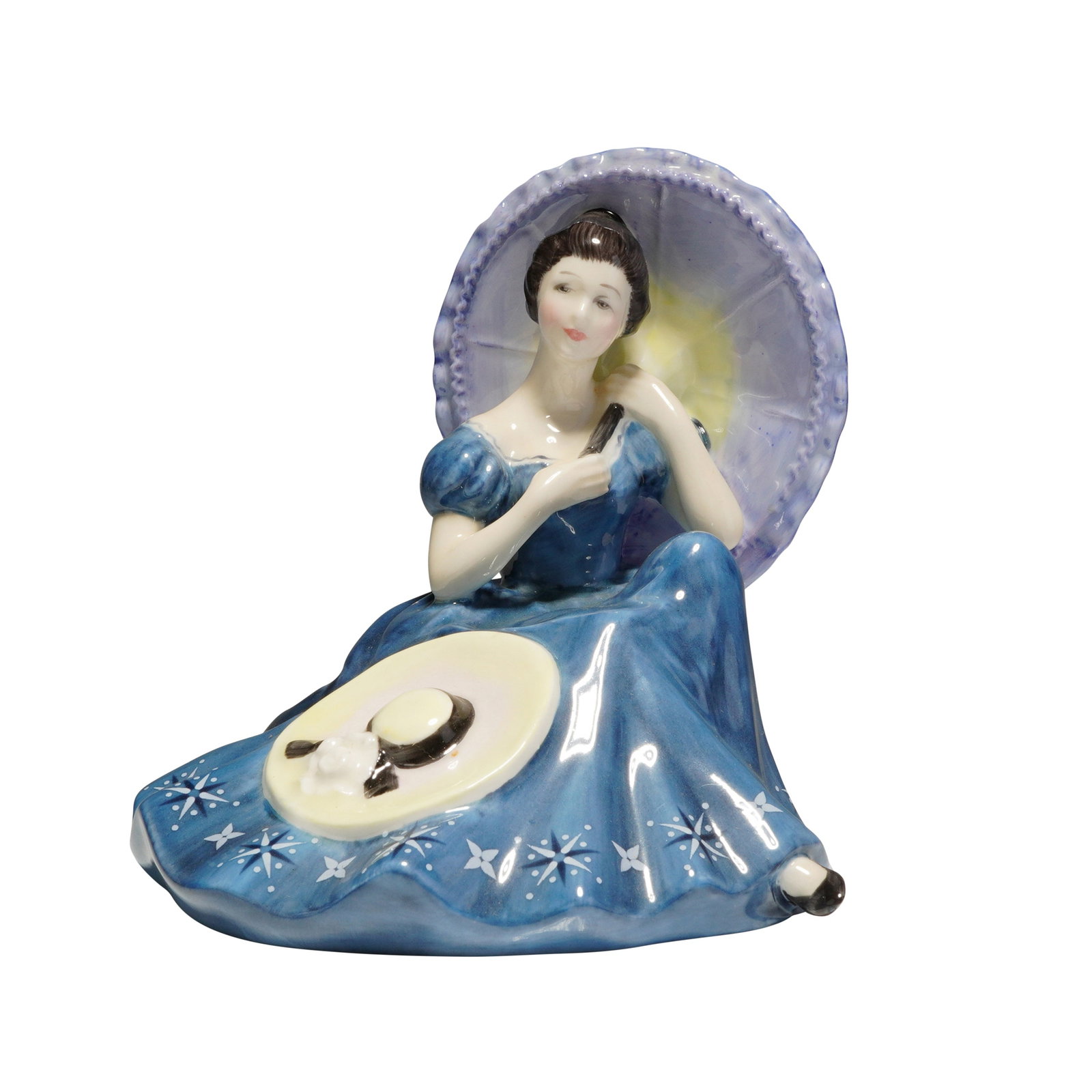 Royal Doulton Figurine Pensive Moments HN 2704: A Royal Doulton Figurine pensive moments hn2704, depicting a seated woman in a blue dress holding a lavender and yellow parasol, marked Bone China and copyrighted 1974. Dimensions: 5.25"L x 5.50"W x 5