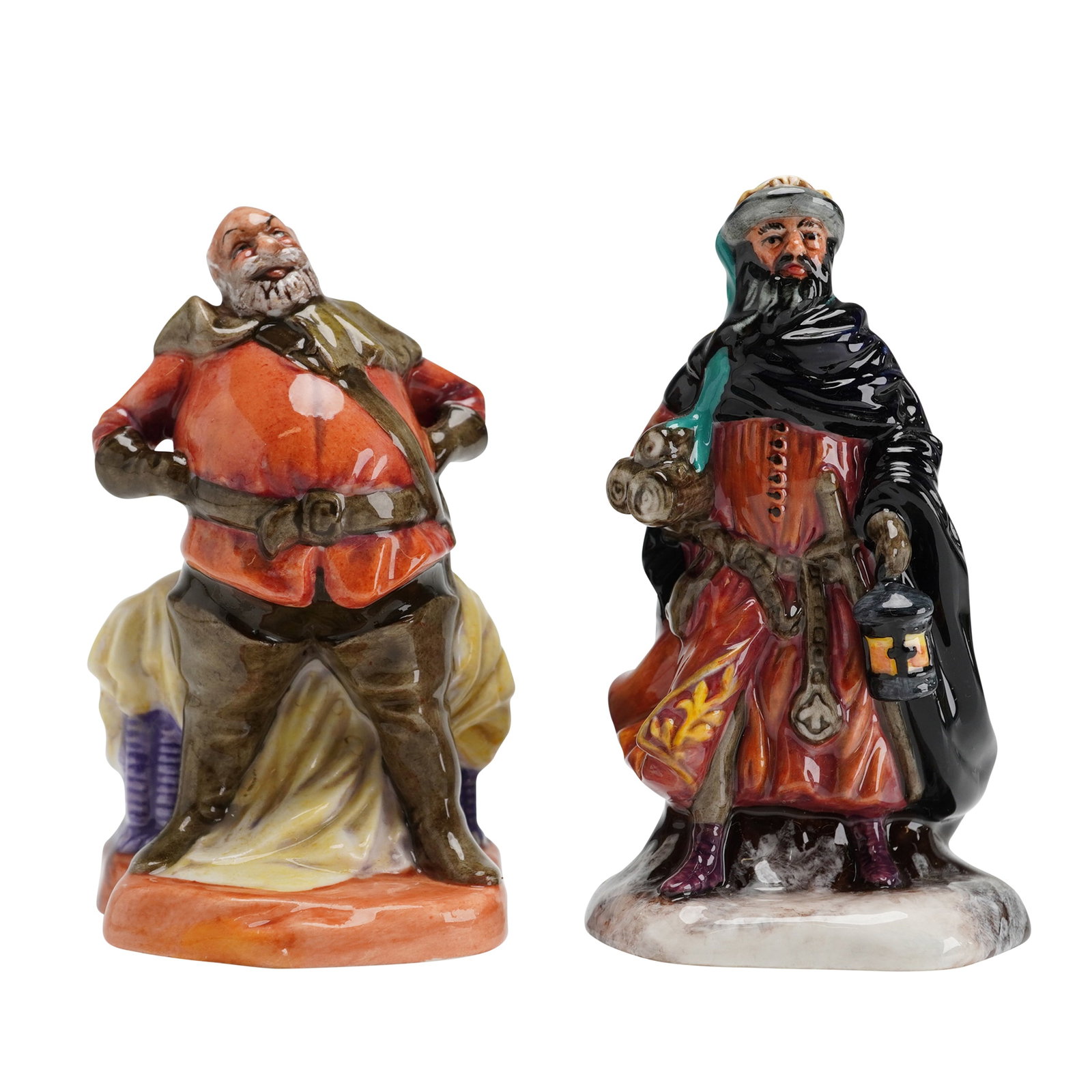 2 Royal Doulton Mini Figurines Falstaff HN3236 & Good King Wenceslas HN3262: The Falstaff figurine, model HN 3236, was designed by Cecil J. Noke and features a 1949 copyright mark. The character is depicted in a seated pose wearing a red tunic and brown breeches. The Good King