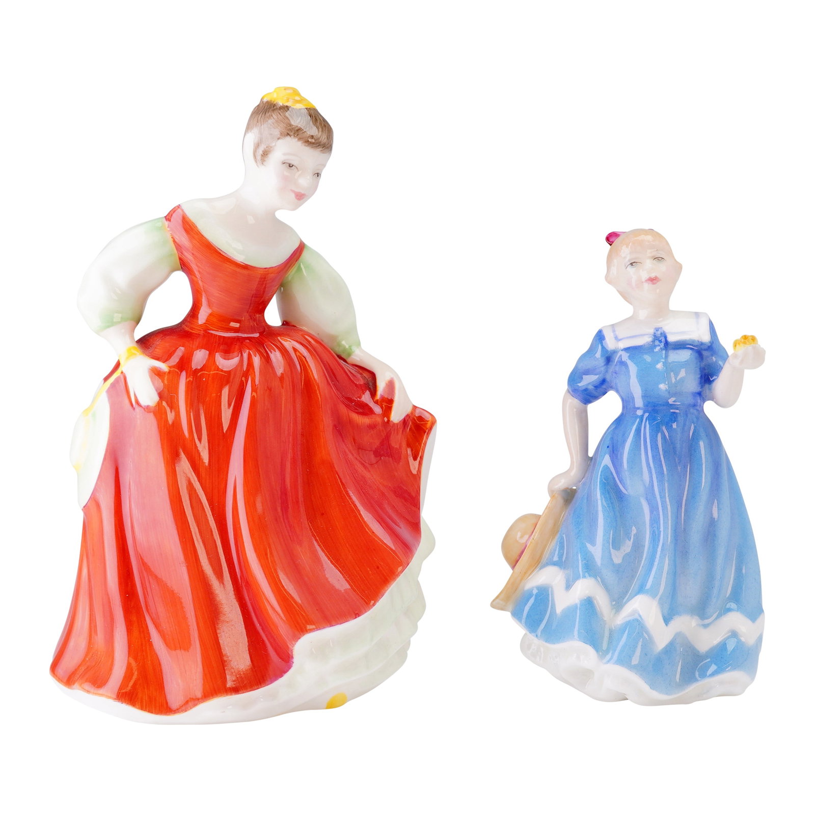 2pc Royal Doulton Figurines, Fair Maiden HN3606 and Posy For You HN2434: The first, larger figure is titled 'Fair Maiden,' and dated 1984. This figure is decorated predominantly in a vivid red gown with pale green accents. The second, smaller figure is titled 'A Posy For Y