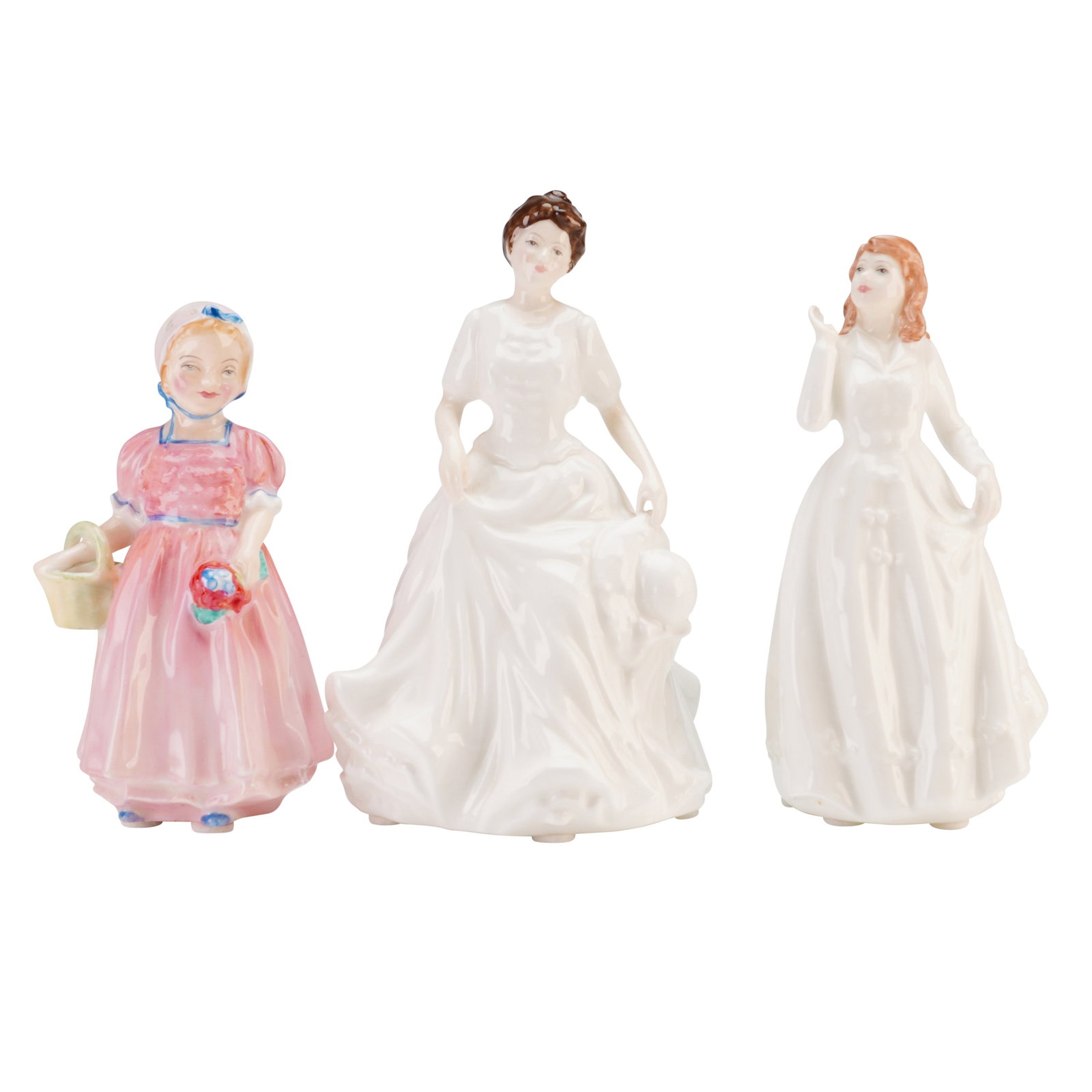 3pc Royal Doulton Bone China Figurines including Harmony, Joy, and Tinkle Bell: This set consists of three Royal Doulton figurines crafted from glazed bone china. The collection includes the models Tinkle Bell, Harmony, and Joy. The Tinkle Bell figurine (HN 1677) depicts a young 